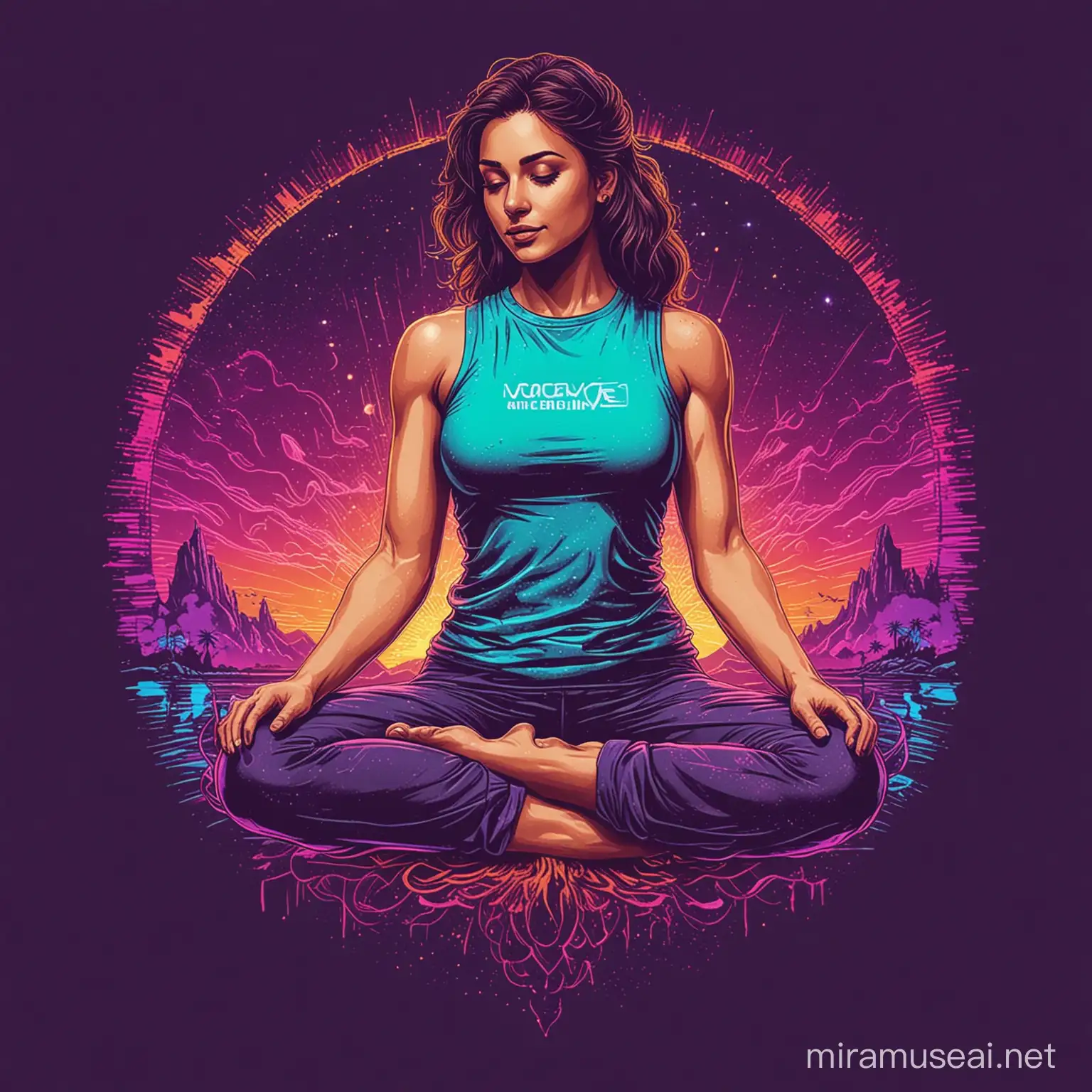 Synthwave Yoga TShirt Design with Vivid Colors and Technical Background