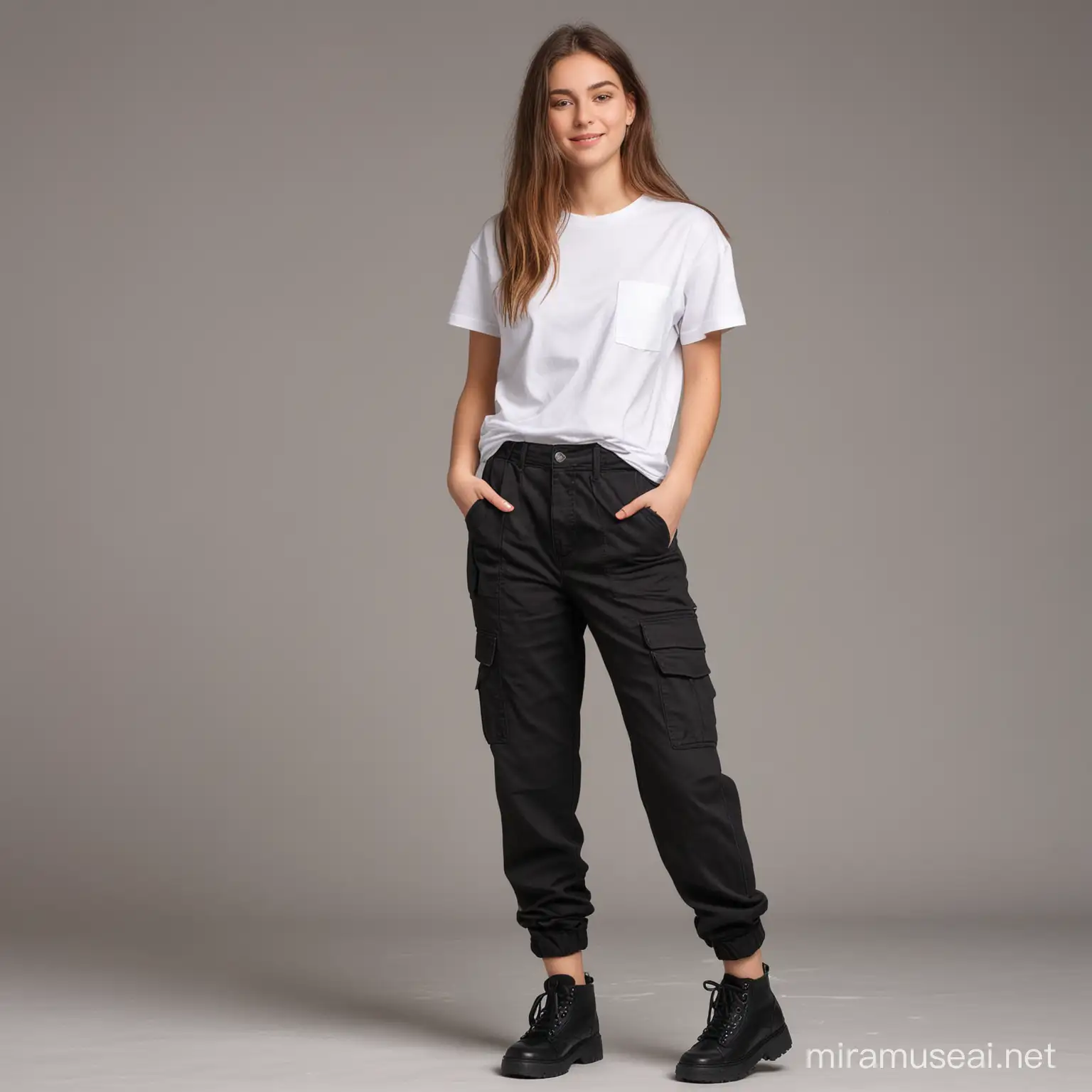 teenager girl, using a tshirt with classic fit and crew neck, wearing black cargo pants, photographic background white