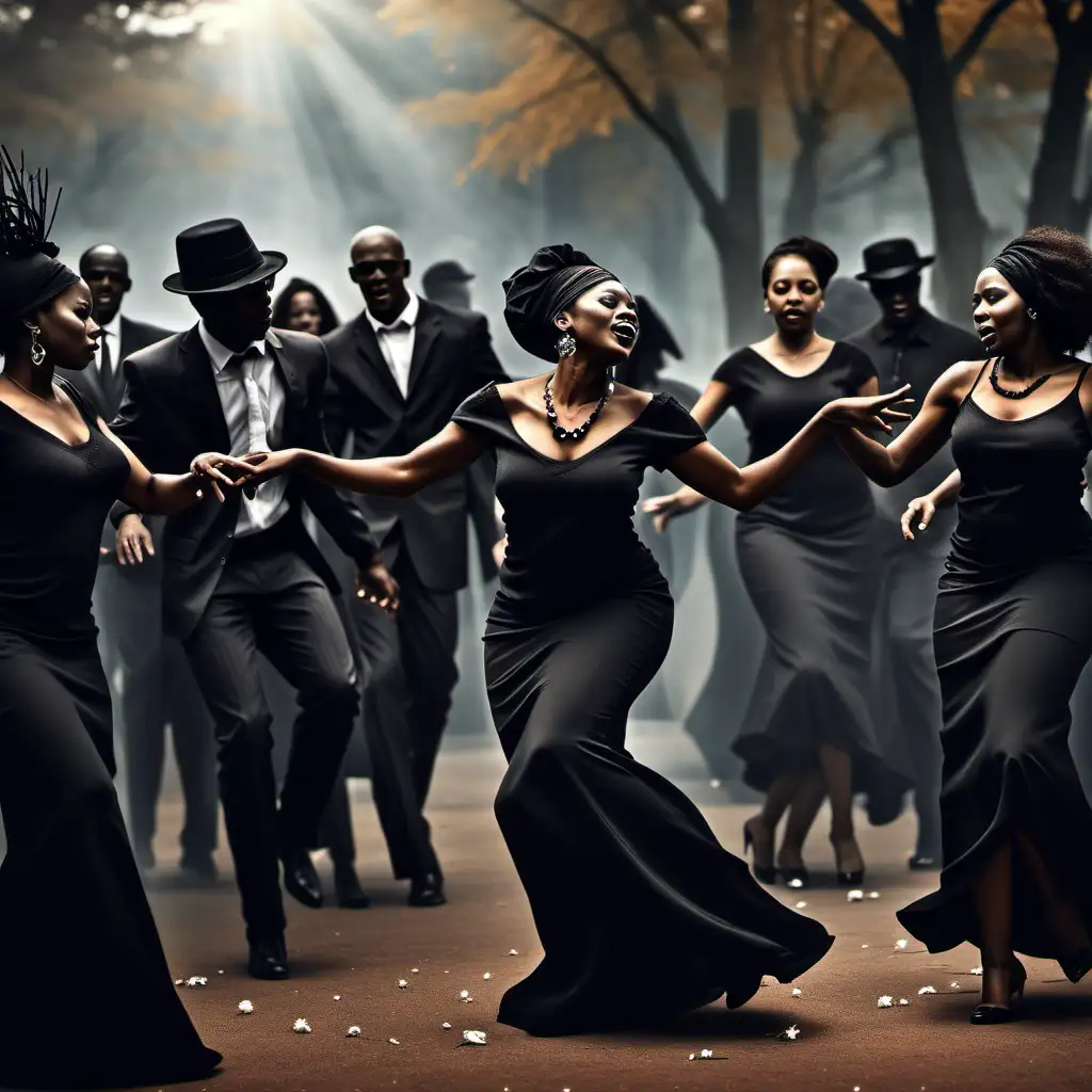 Create fantasy style image of agrican americans dancing at a funeral