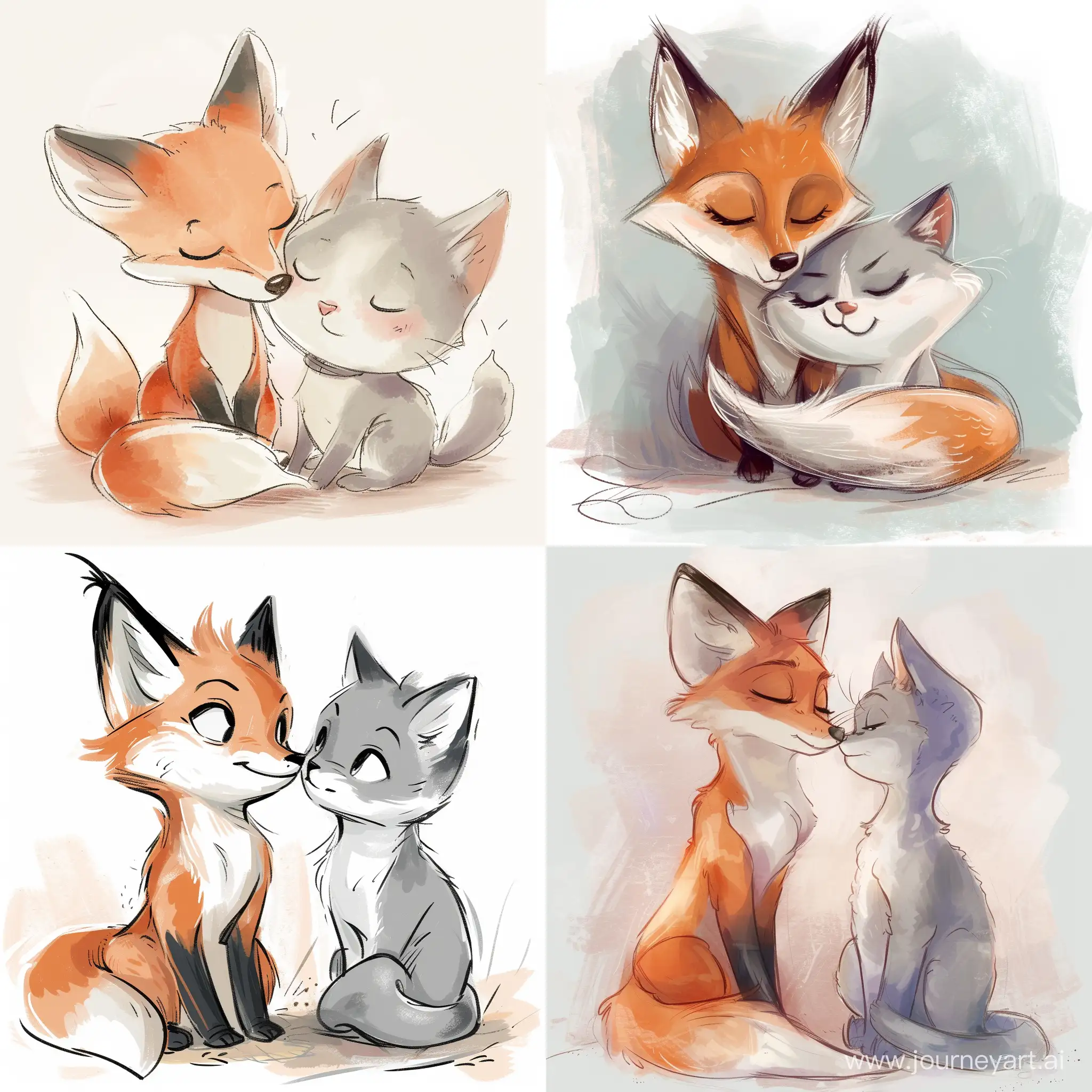 Cute drawing with a fox and a white-gray cat. Fox should be a girl and the cat should be a boy.