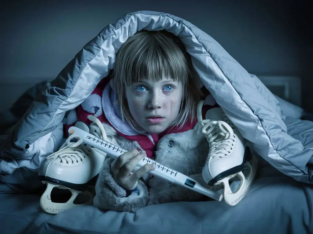 Девочка 13 лет, лежит в кровати под одеялом, , в коньках на ногах, с градусником большим и болеет. Волосы короткие прямые светлые, глаза голубые. 