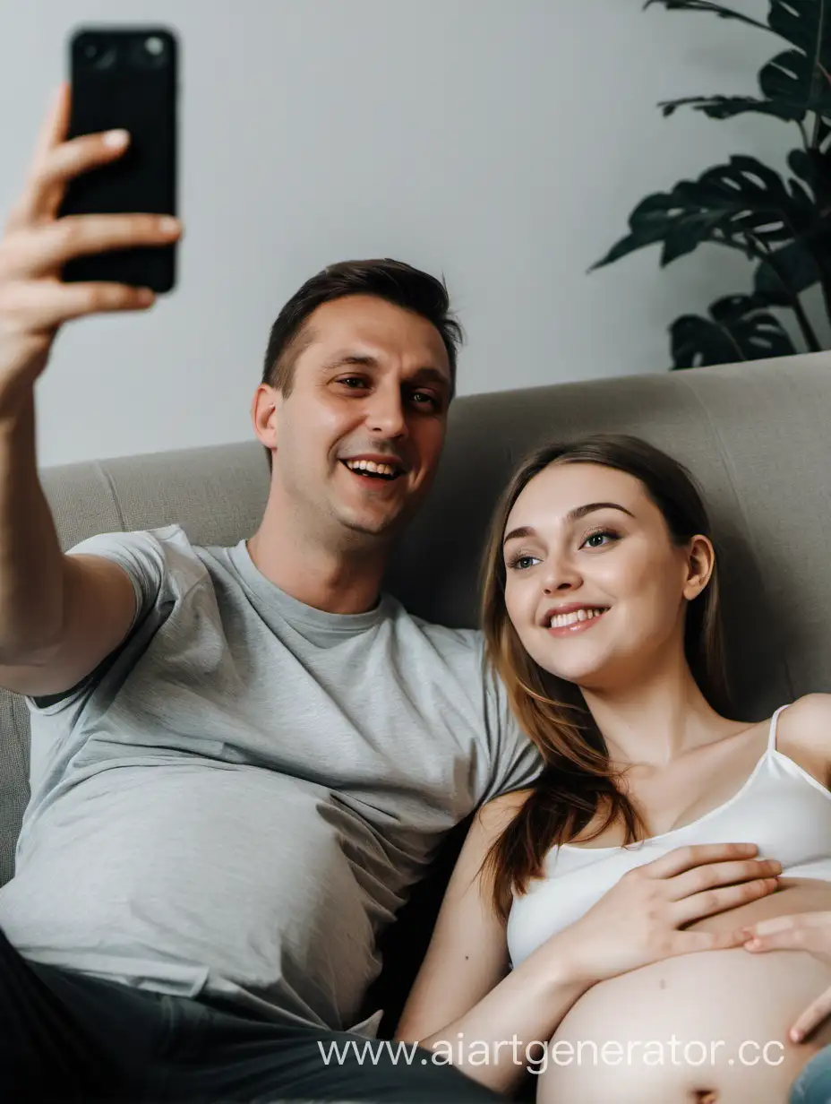 Expectant-Mother-Relaxing-on-Sofa-with-Partner-Taking-Selfie