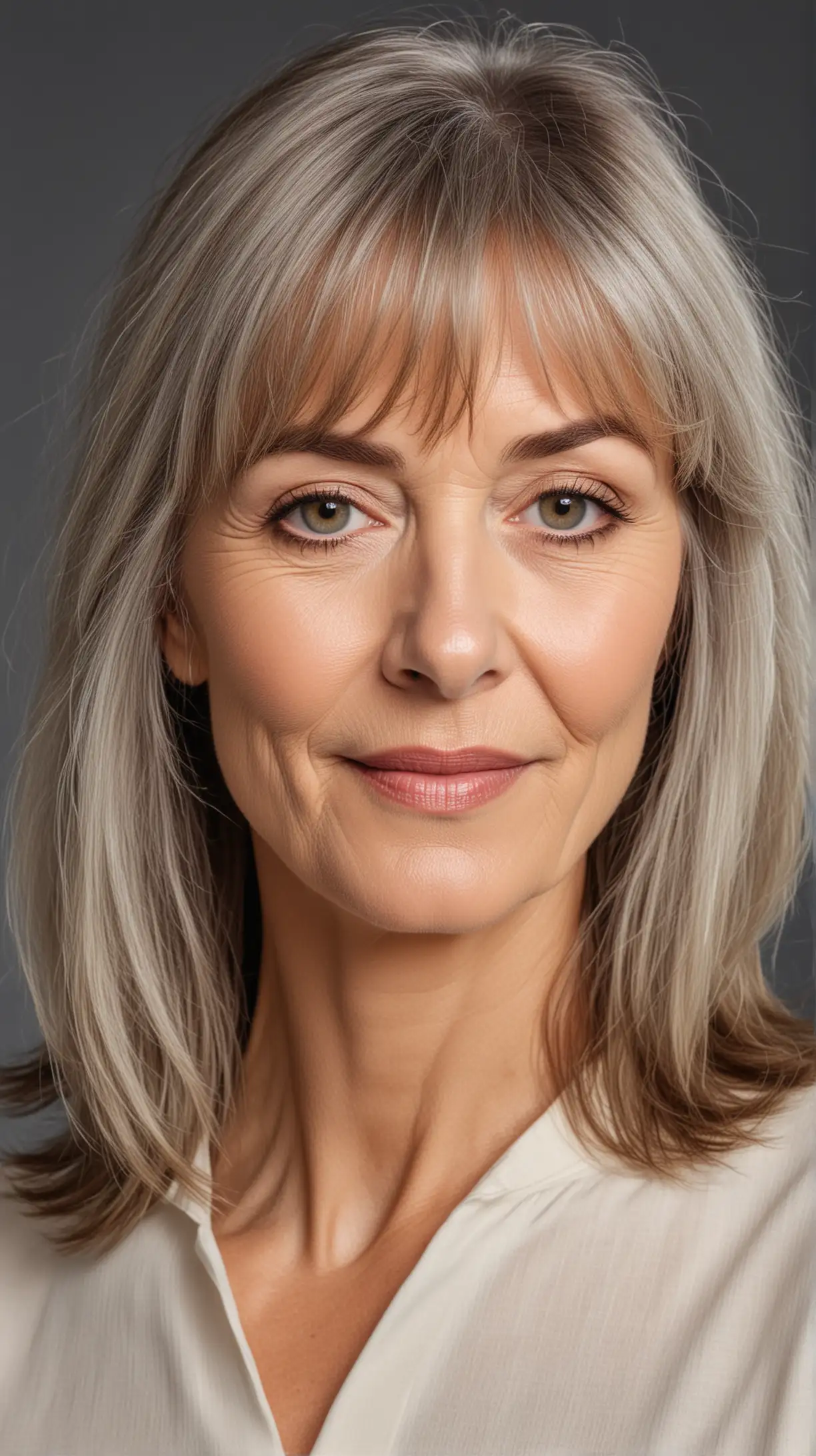 Beautiful woman of model appearance, over 60 years old, Shoulder-length hair paired with bangs, oval and long face