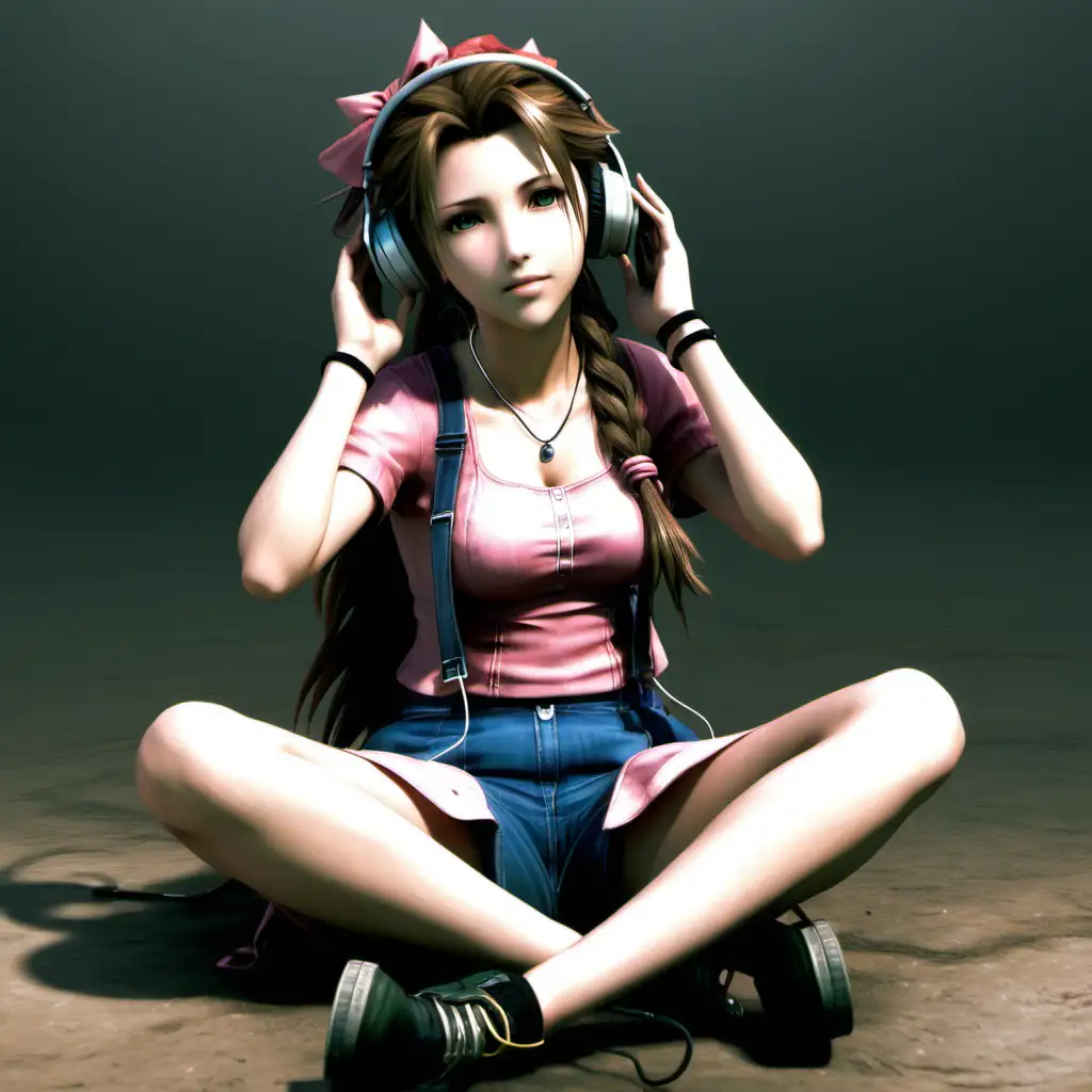 Aerith from Final Fantasy 7 Enjoying Music in a Relaxed Pose
