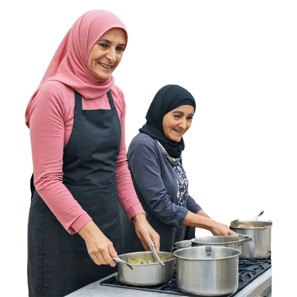Group of syrian refugee old women cooking together