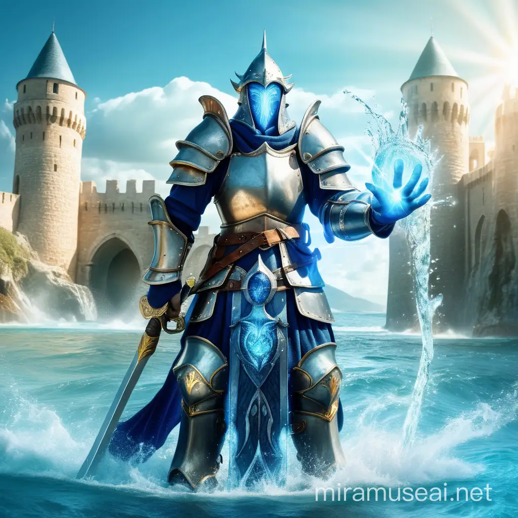 water mage in full armour fortress in background, special effects, bright sunlight, fantasy style art