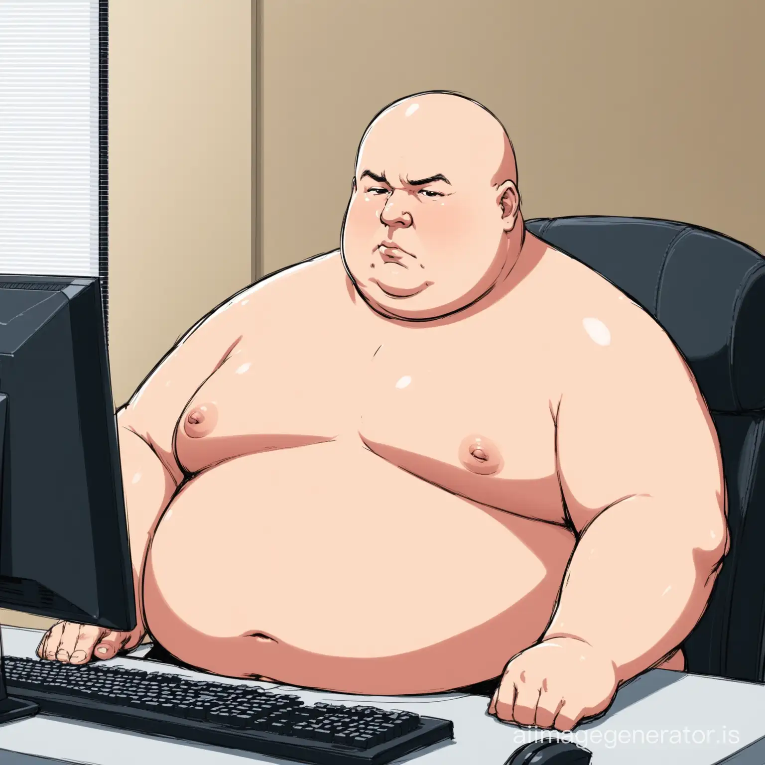 bald white fat man sitting at computer