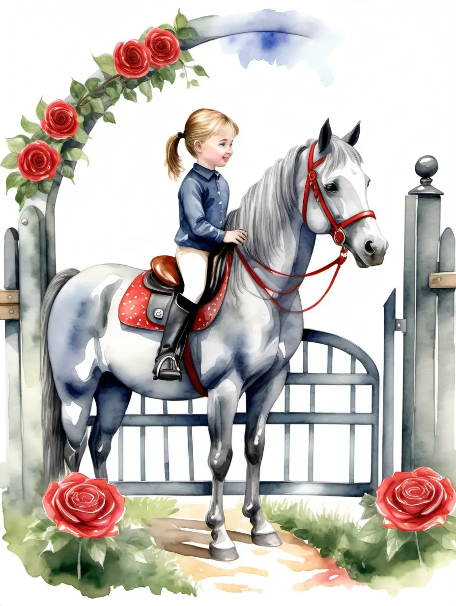 Watercolour illustration of a Little girl and a grey pony clip art, with saddle and bridle, looking over a gate, a red rosette on the pony’s bridle, with equestrian clip art elements 