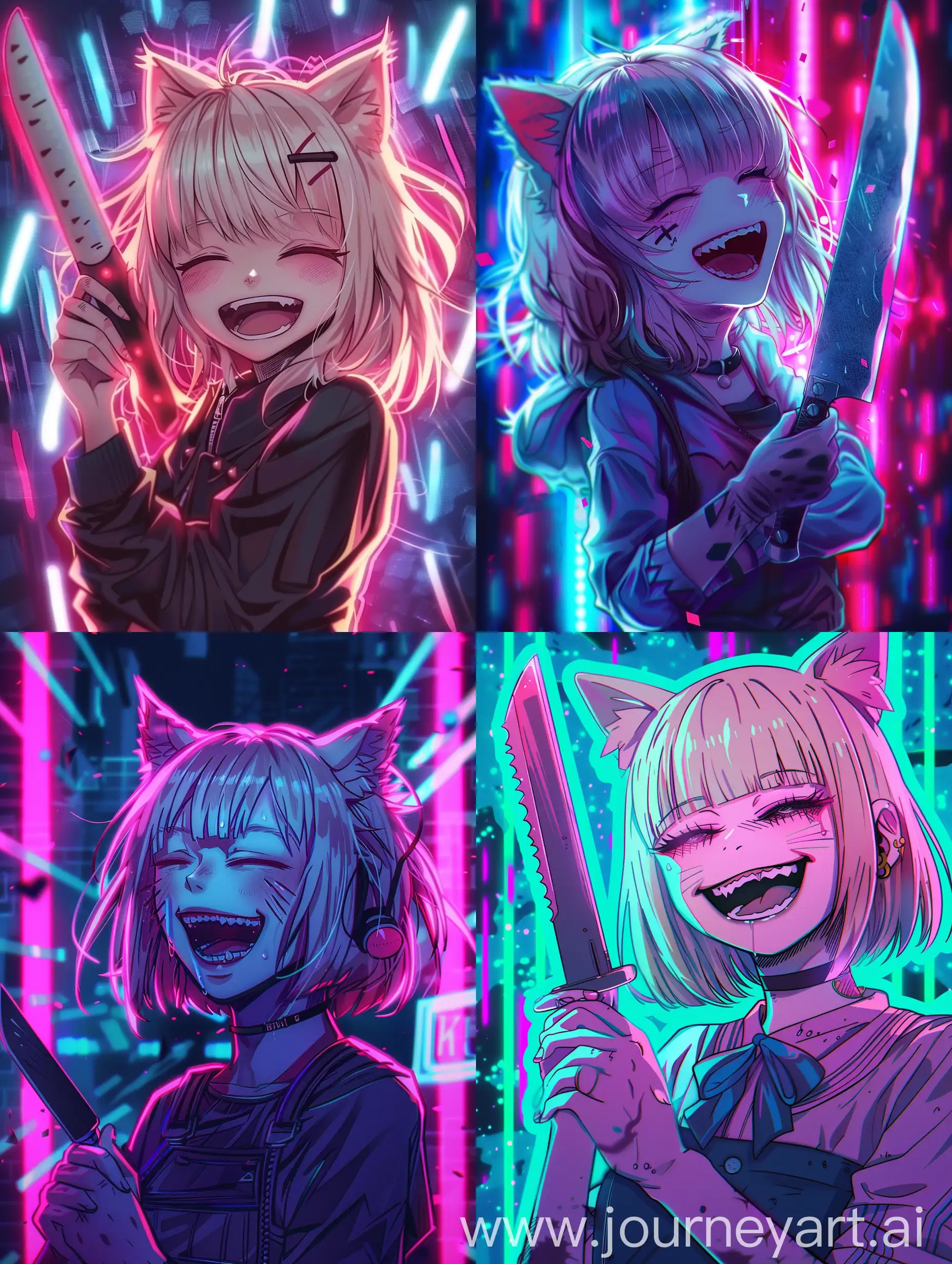 Anime girl with cat ears laughing, she holding a knife, with neon background 