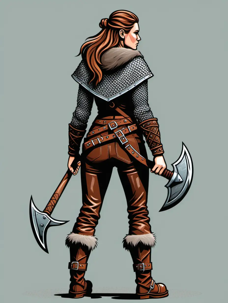 vector flat colour illustration, viking female view from back stepping forward , full length holding small battle axe, wearing brown leather trousers, chainmail and grey wolfskin over shoulders