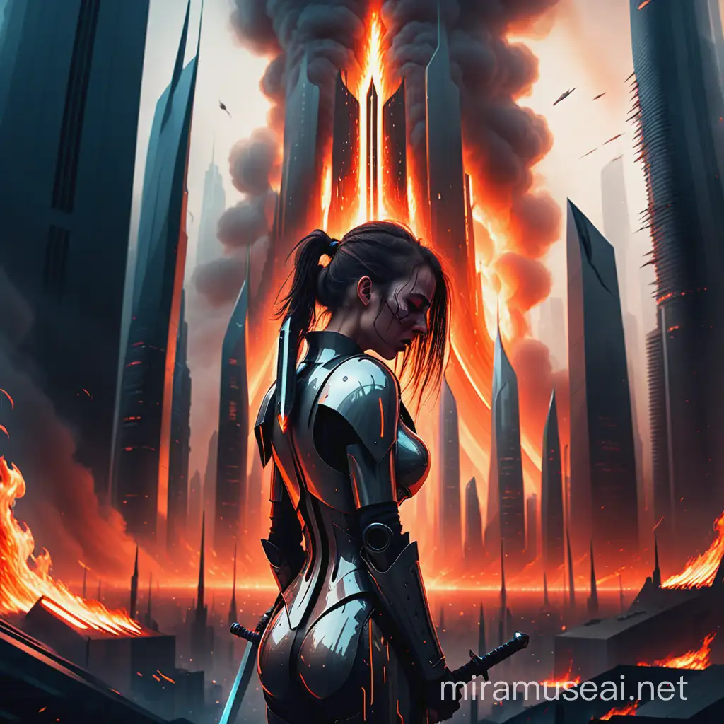 Futuristic City Engulfed in Flames Desperate Woman with Sword