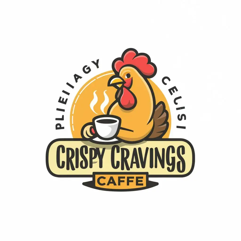 LOGO-Design-For-Crispy-Cravings-Caf-Playful-Chicken-Sipping-Coffee-with-Creative-Typography