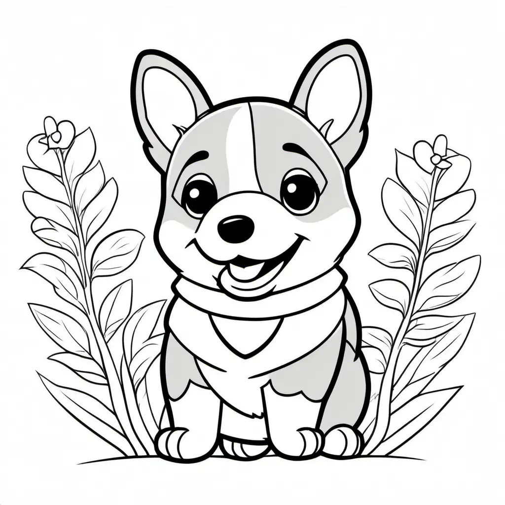 cute corgi without background, Coloring Page, black and white, line art, white background, Simplicity, Ample White Space. The background of the coloring page is plain white to make it easy for young children to color within the lines. The outlines of all the subjects are easy to distinguish, making it simple for kids to color without too much difficulty