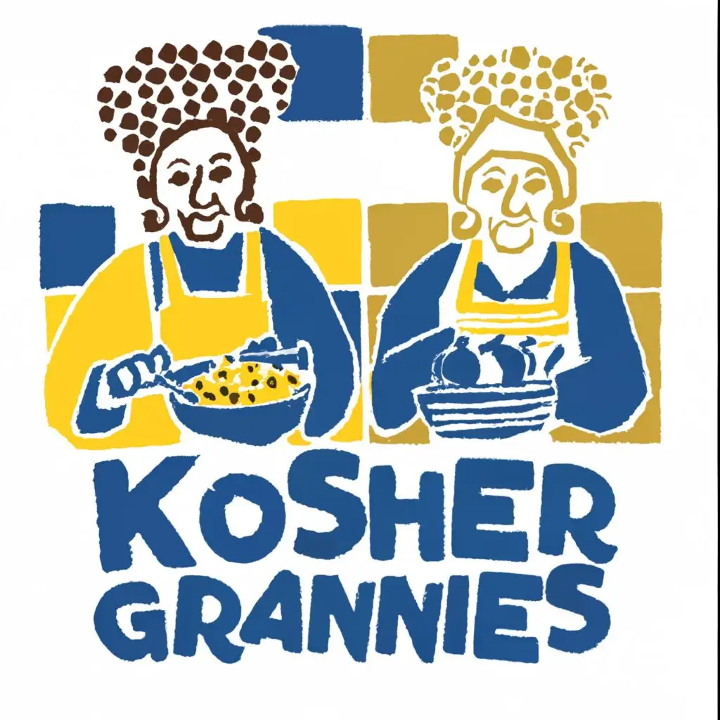 logo, Israel, yellow, blue, white, Jewish food and cool jewish grannies cooking, Paul Klee, with the text 'Kosher Grannies', in Portuguese tiles, typography, be used in Automotive industry