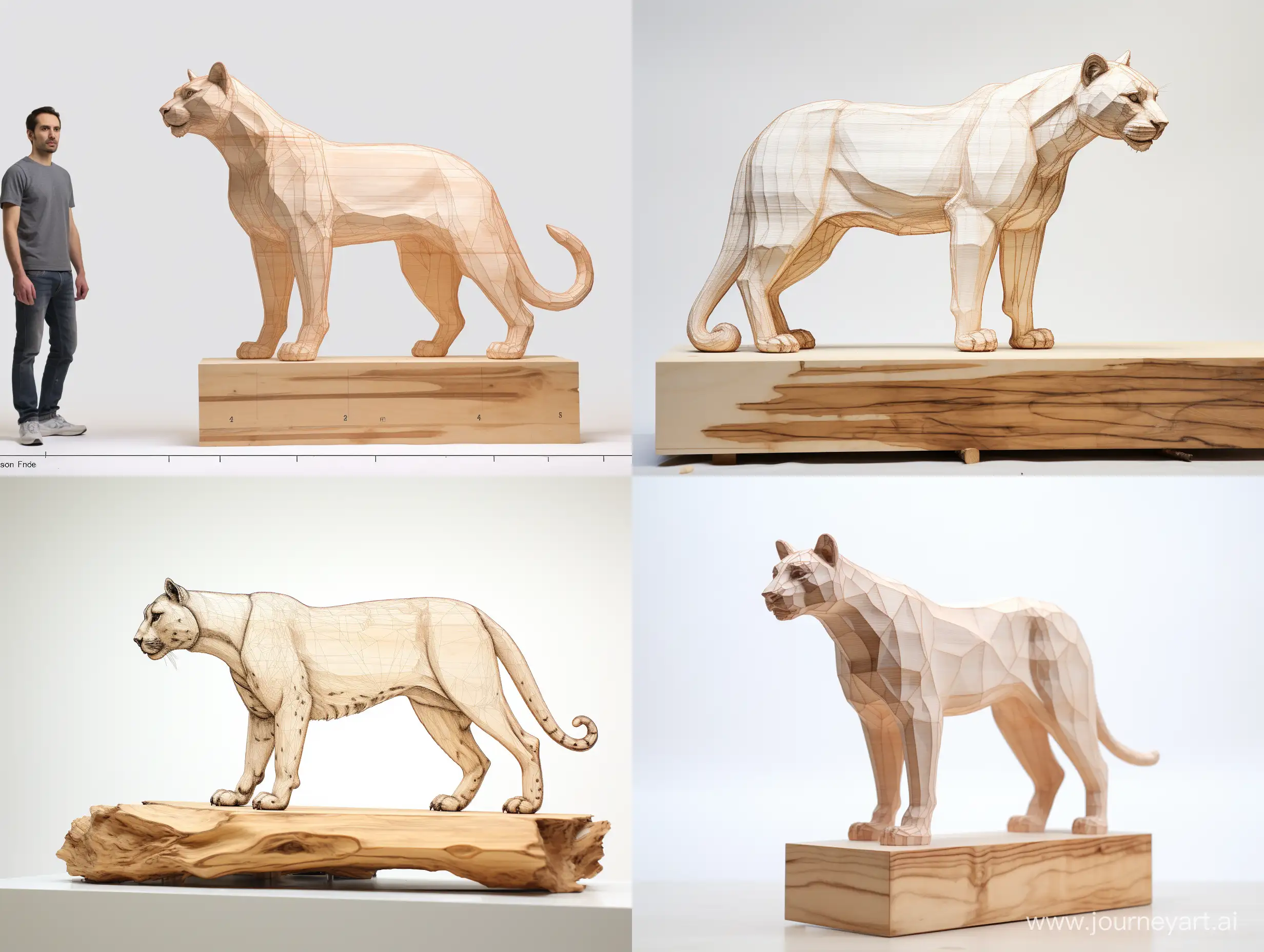 Professional sketch for wooden sculpture, a full-length cougar standing in profile on a large wooden cube, professional dynamic character, wood carving, ready for battle 3d, white background, 8k Render, ultra realistic