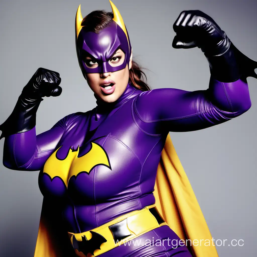 Ashley Graham in a purple batgirl costume throwing a punch.

