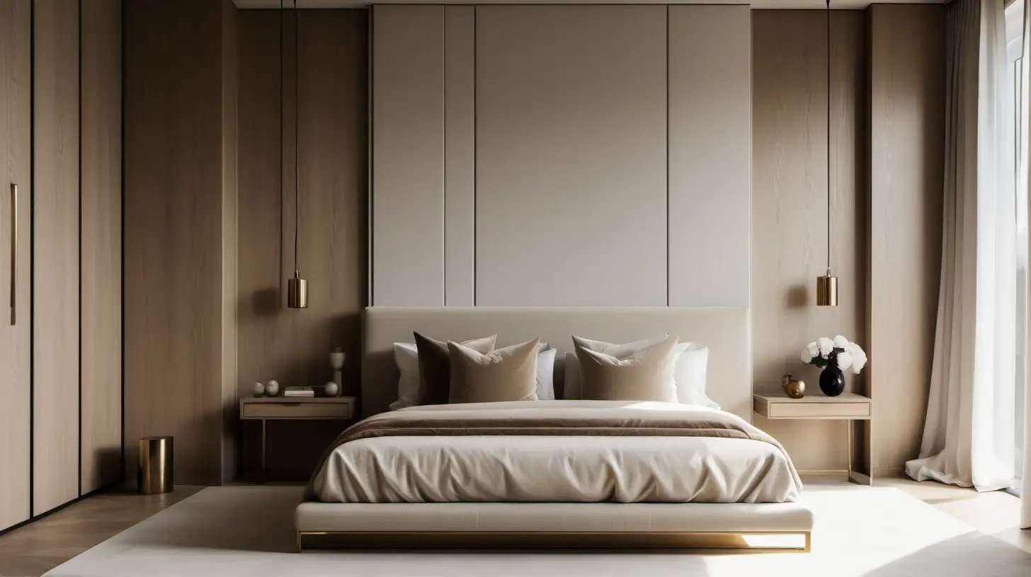 Grand Modern Minimalist home bedroom;  beige, oak, brass colour palette
