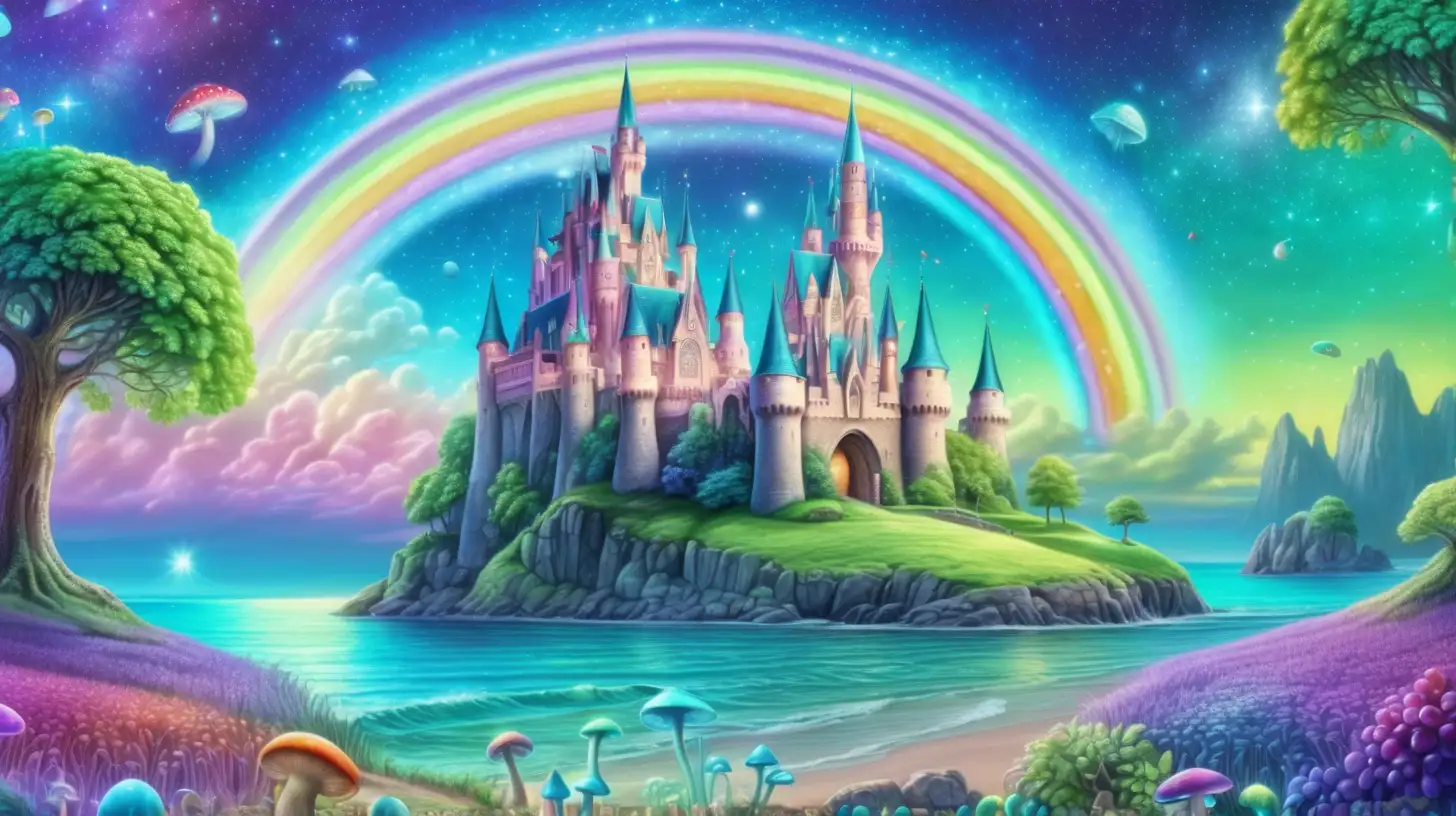 Enchanting Fairytale Scene with Magical Grape Trees and Rainbow Castle in Outer Space