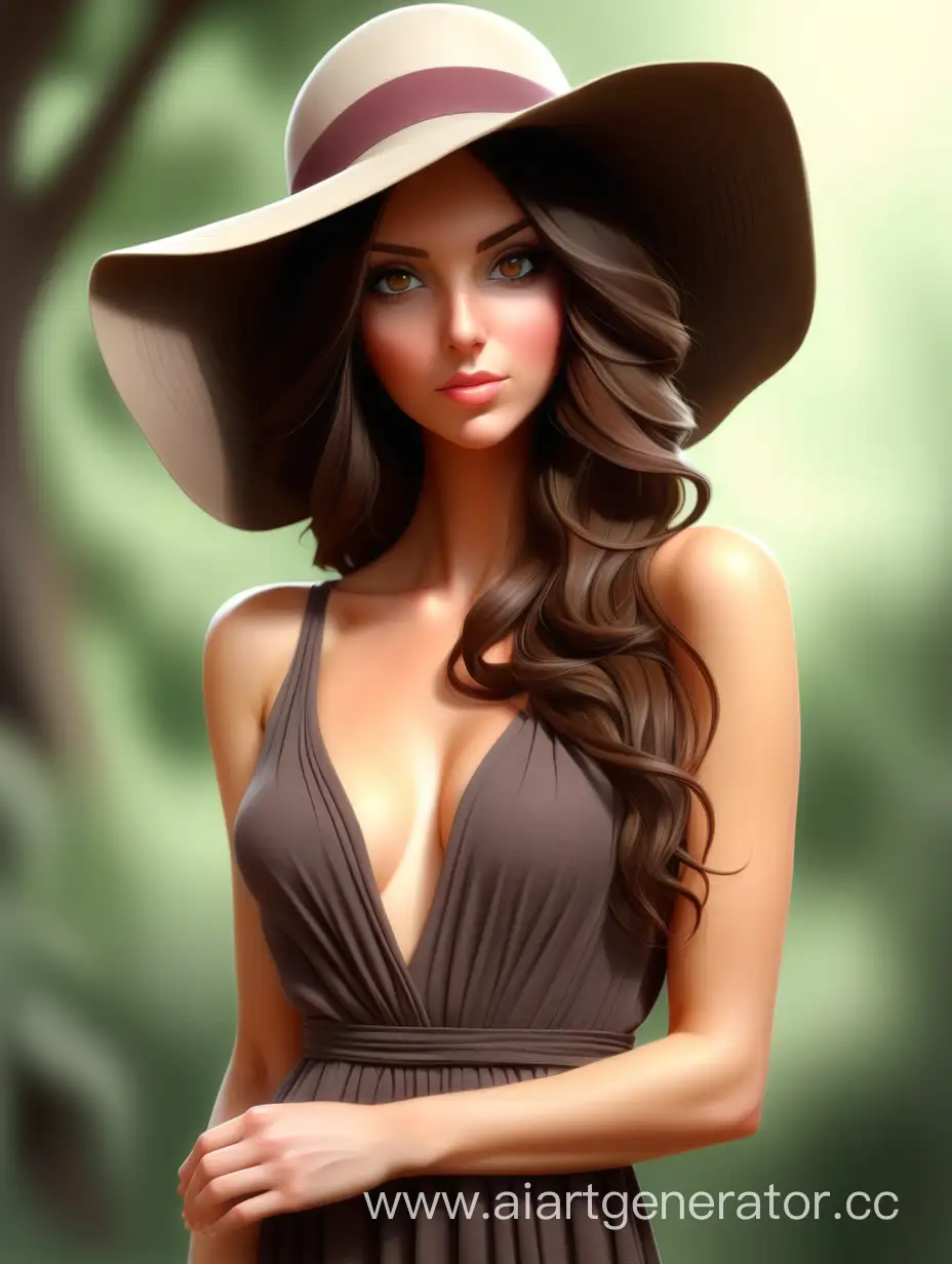 Elegant-Brunette-Woman-in-Stunning-Long-Dress-and-Hat