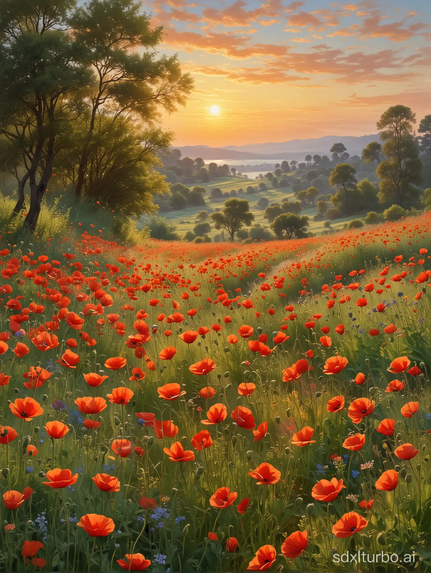 "Imagine a picturesque countryside scene where an extensive field of vibrant red poppies stands out, swayed by gentle breezes that make the flowers dance in harmony. The golden rays of the sun illuminate the landscape, bestowing upon it an aura of serenity and untouched beauty. Each poppy sways gracefully in the breeze, their scarlet petals catching the light and creating a mesmerizing display of color. The air is filled with the delicate fragrance of wildflowers, adding to the enchantment of the scene. As the sun sets, casting a warm glow over the meadow, the beauty of the moment is heightened, as if time itself has paused to admire the scene. It's a scene straight out of a dream, reminiscent of the idyllic landscapes painted by artists like Claude Monet, who captured the essence of nature's beauty with their brushstrokes."
