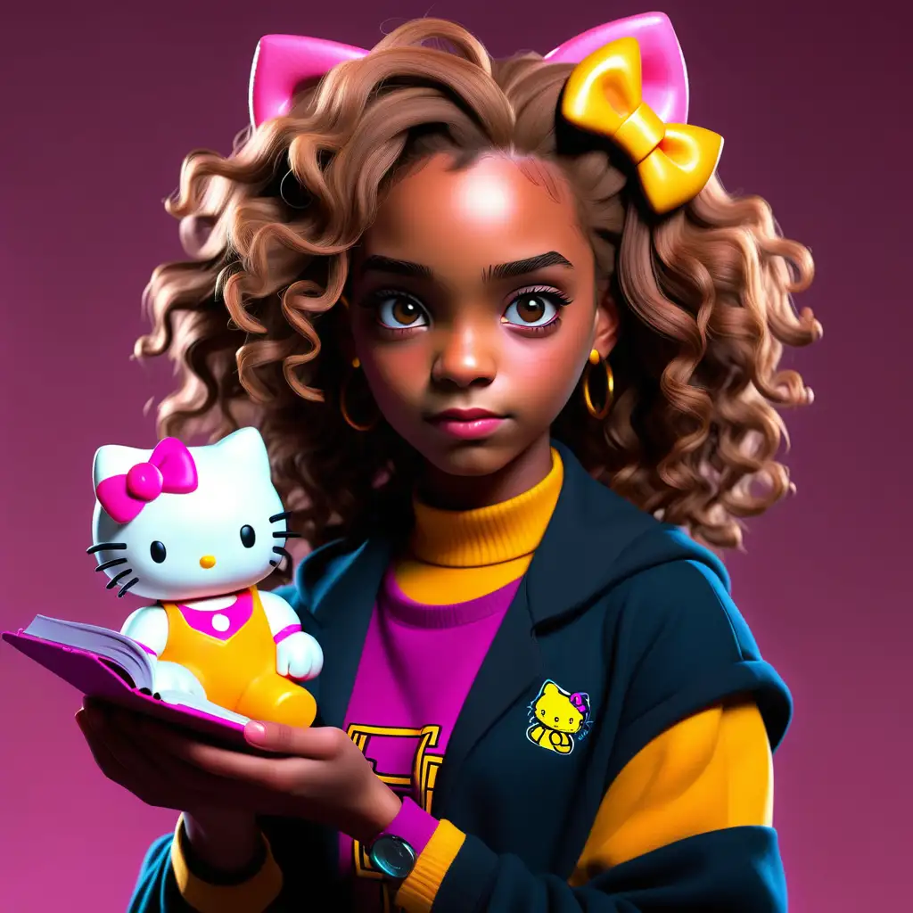 create an african american hermione granger with, believe in yourself, with a bright aesthetic look with her pal Hello Kitty