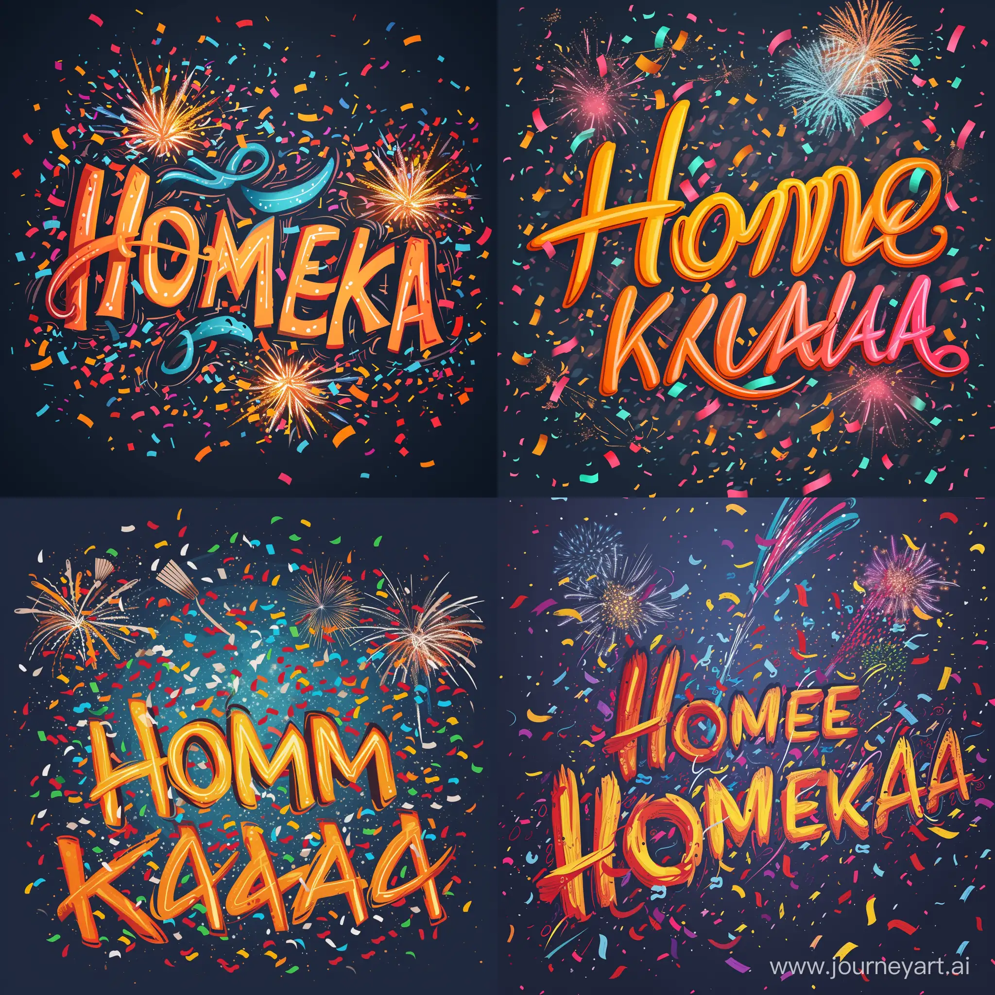 "HOMEKALA" in script calligraphy, surrounded by confetti and fireworks. Typography.