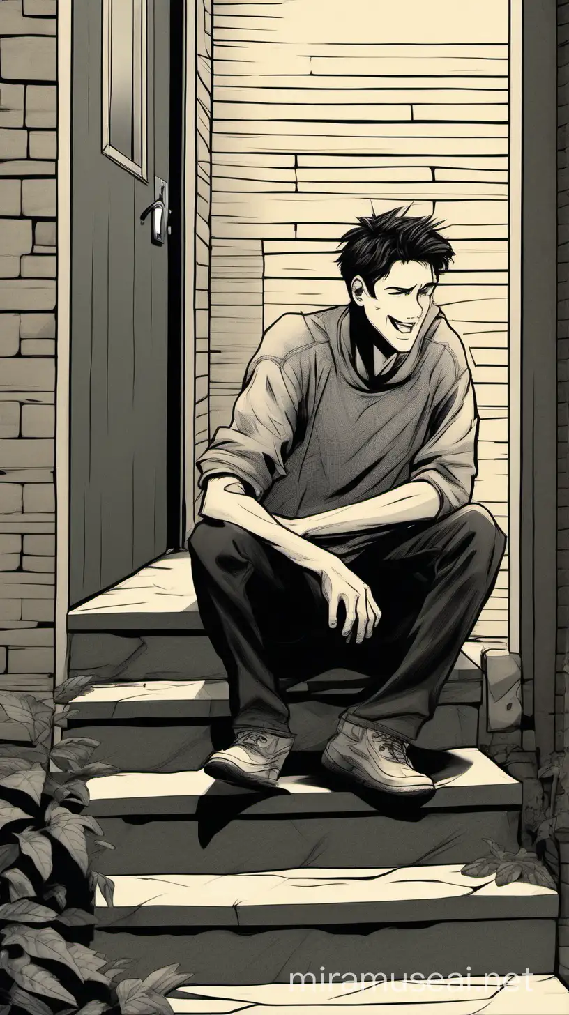 The back-ground setting is a generic back yard. The point of view is: facing the steps leading to a backdoor.
A male human, light skinned, dark hair, 173cm tall, dressed casually, sitting.
Visible on screen: this male, coughing/laughing.