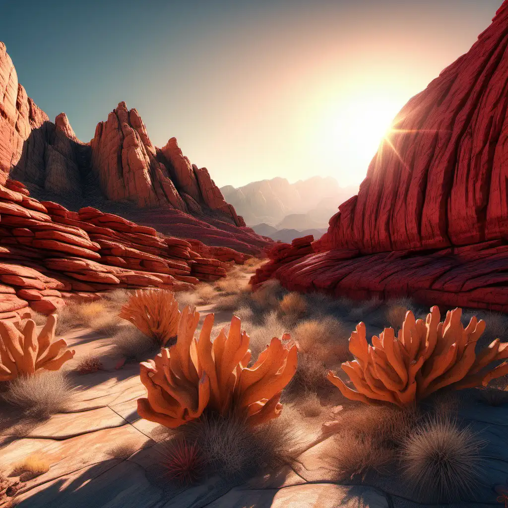Red Rock Canyon National Conservation Area at sunrise, ultra hd, realistic, vivid colors, highly detailed, UHD drawing, pen and ink, perfect composition, beautiful detailed intricate insanely detailed octane render trending on artstation, 8k artistic photography, photorealistic concept art, soft natural volumetric cinematic perfect light