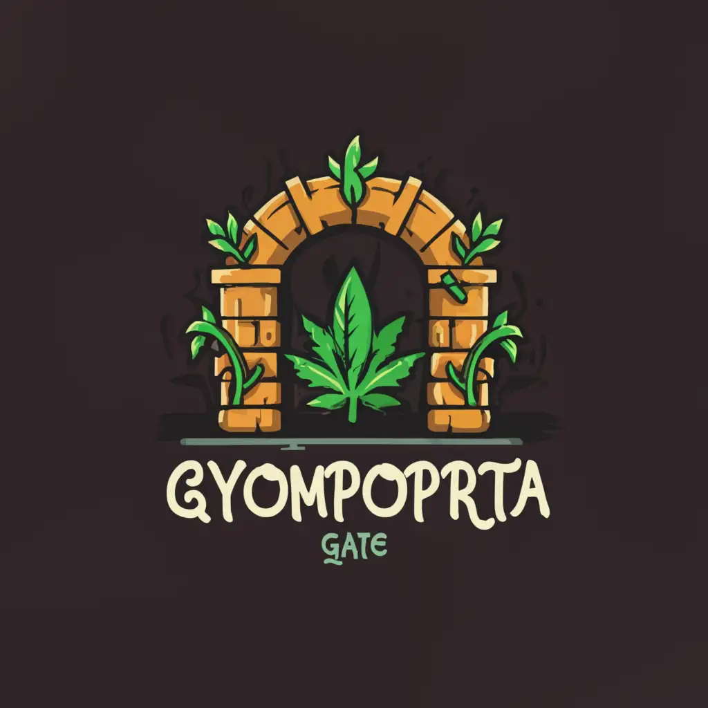 a logo design,with the text "gyomporta", main symbol:cannabis, gate, jungle, heart, green, funny,Moderate,clear background