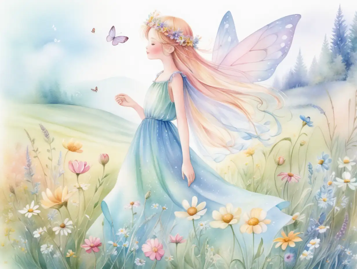 Enchanting Watercolor Fairy in a Meadow of Spring Flowers