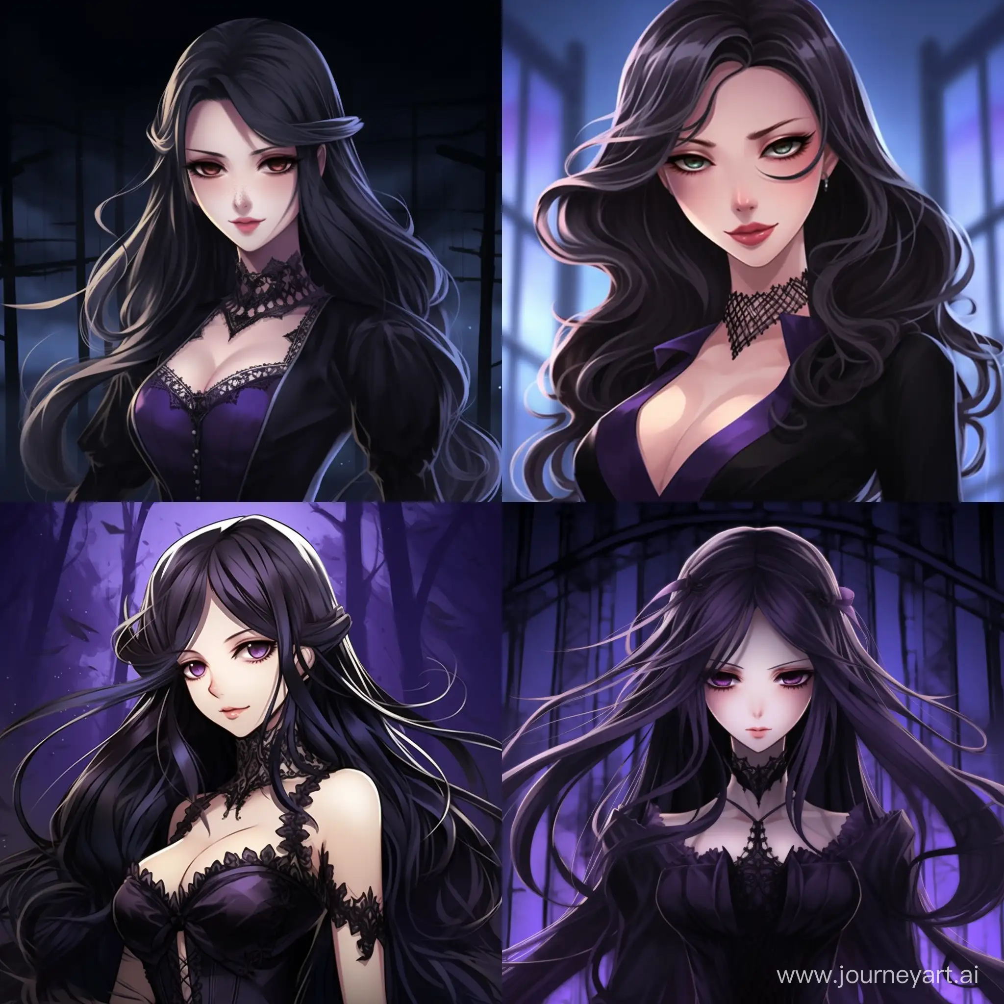Generate an anime vampire adult woman with long straight Black hair, purple eyes, open mouth with sharp Canines, Black and purple long luxorious dress