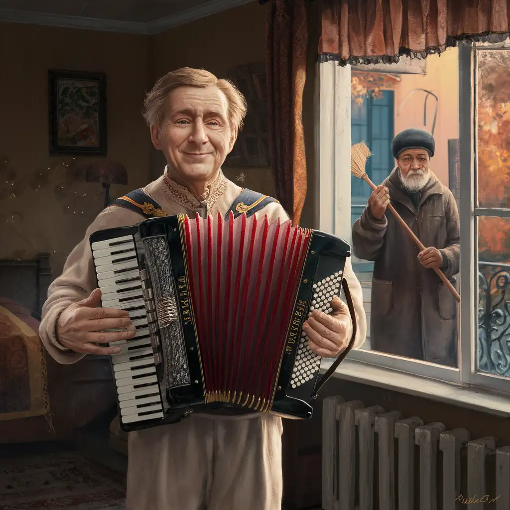 Elderly-Soviet-Man-Playing-Accordion-in-Autumn-Apartment-Scene