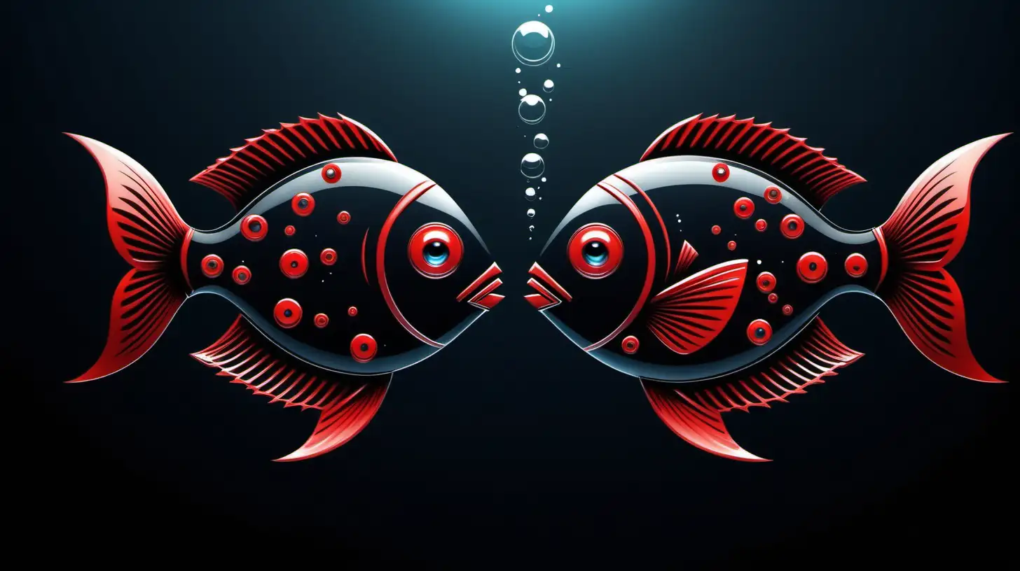 robotic futuristic pisces astrology symbol, zodiac symbol, two fish swimming in opposite directions, black and red 