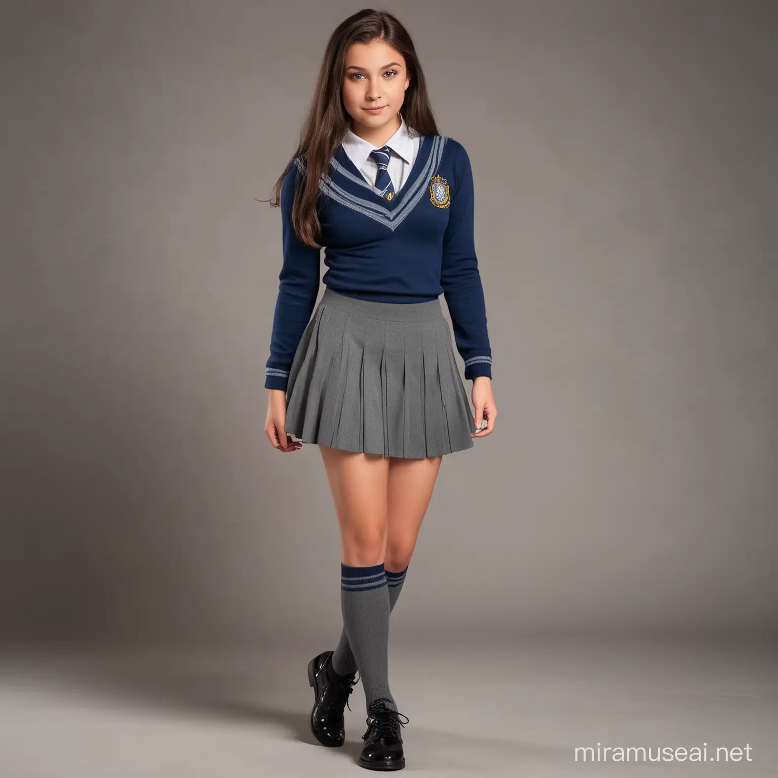 14 year old white girl with midlength dark brown hair, she is pretty and has large breasts, dressed in Ravenclaw uniform, grey skirt, grey knitted pantihose, black shoes