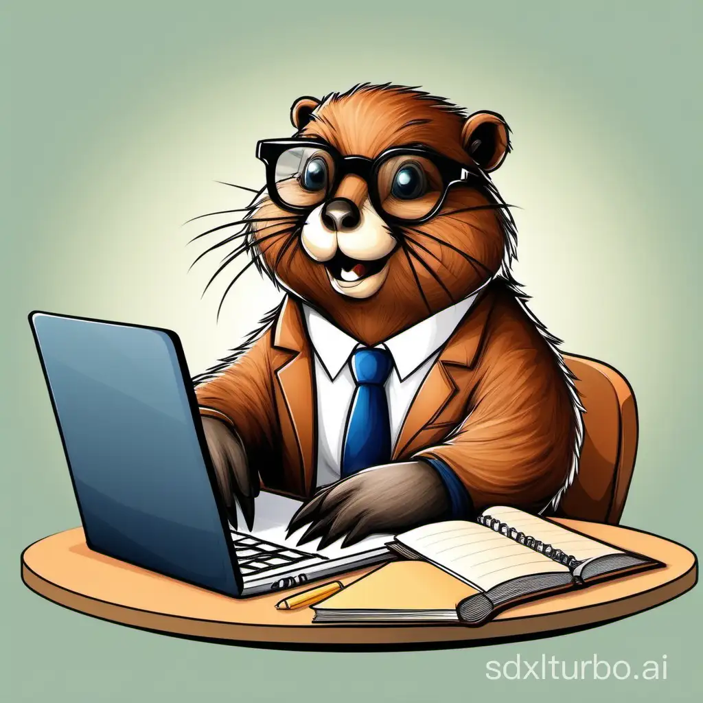 beaver with glasses sitting at the table with a laptop and a lot of dictionaries and notebooks 2D picture

