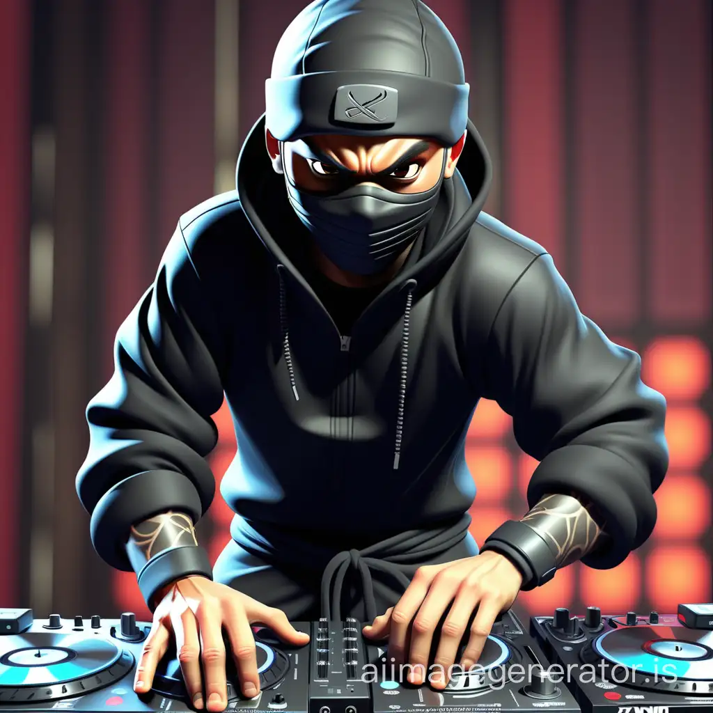 a ninja DJ cutting up the ones and twos