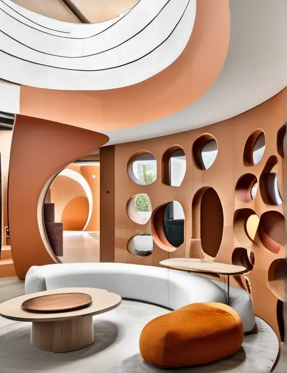 Designerwohnung mit Wänden in organischen Formen, warme Farben, moderne Architektur, rundes Fenster