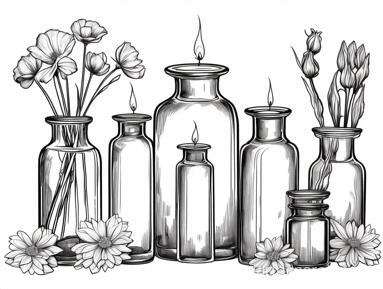 ароматы, черное-белая картинка, очертание свечей и цветов, баночки с маслами
