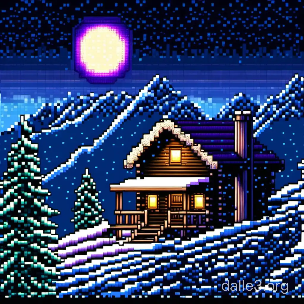 Cozy Snowy Mountain Cabin Pixel Art Tranquil Night Scene | Dalle3 AI