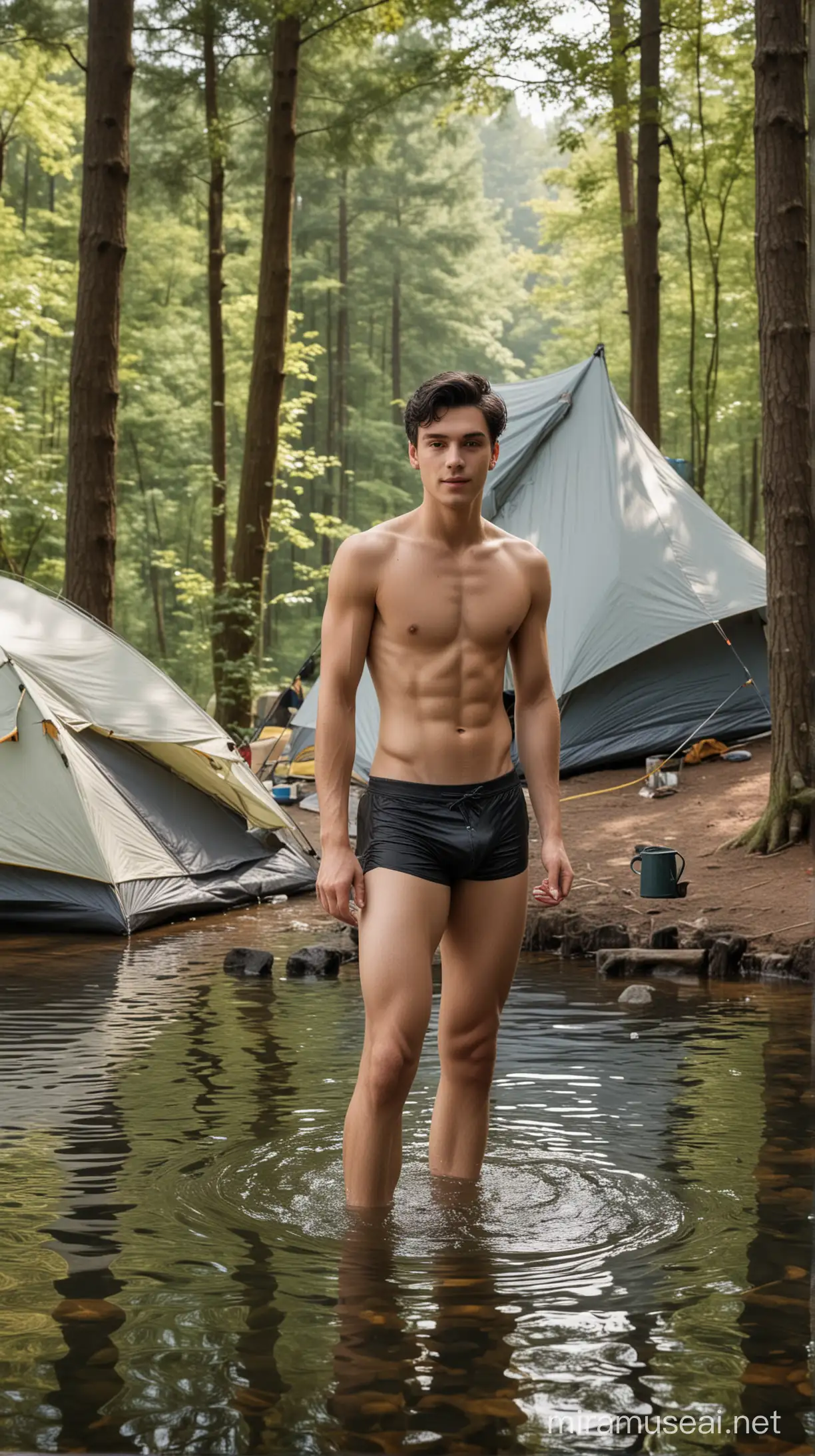 foto seorang pemuda tampan usia 18 tahun, berambut hitam pendek, bercelana dalam segitiga, sedang mandi di sebuah danau, ada perlengkapan minum teh, di sekelilingnya ada tenda kemping, background sebuah hutan yang indah, foto resolusi UHD 64k