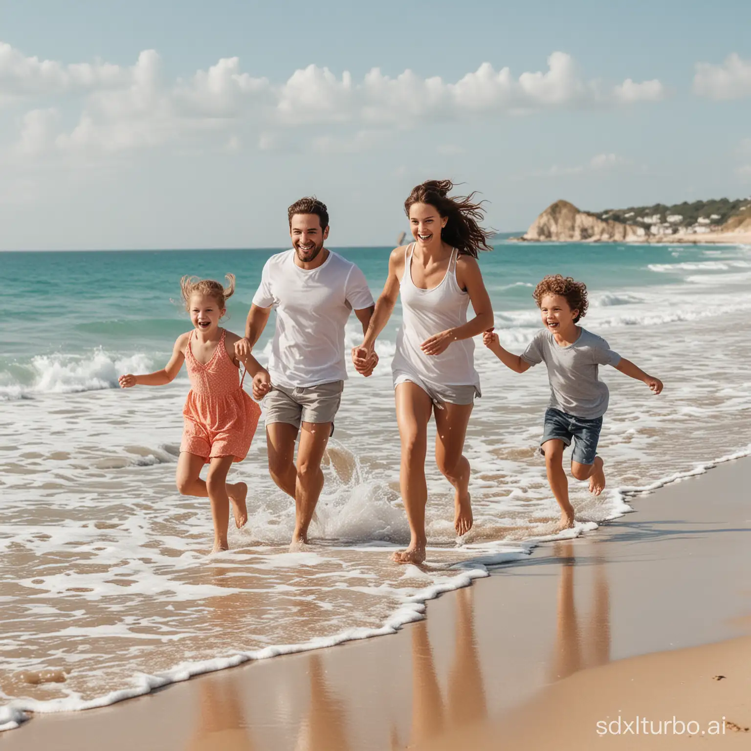 A happy family running on the beach and playing