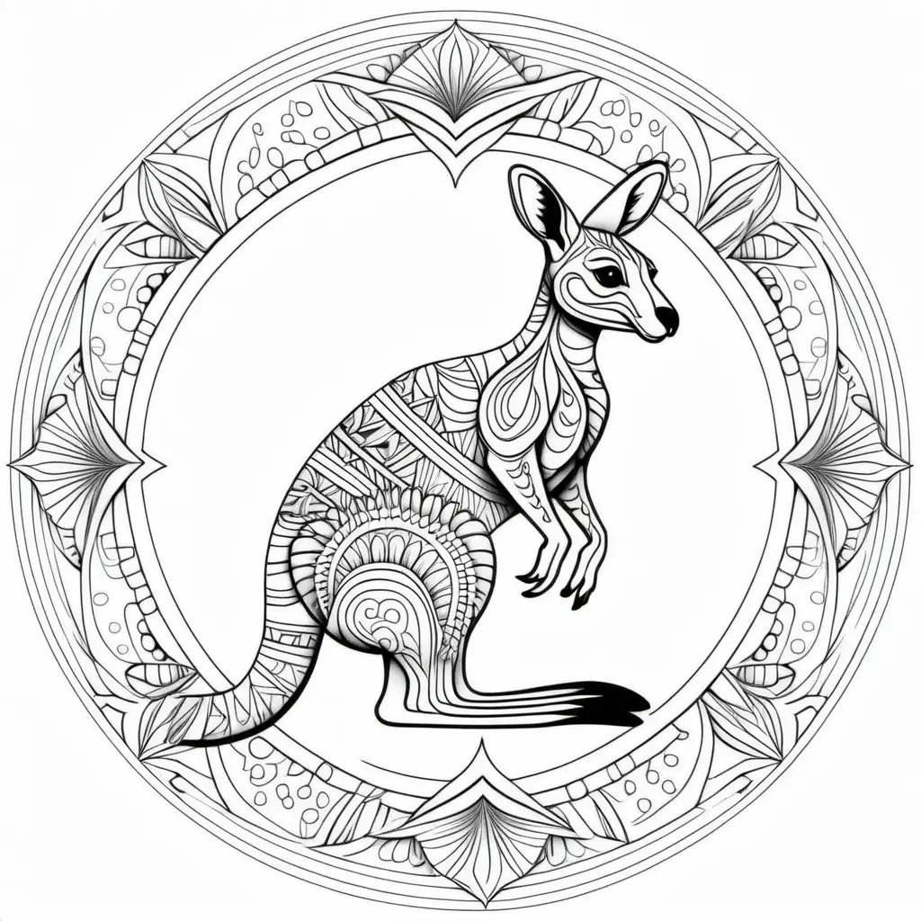coloring page for adults, mandala, kangaroo, white background, clean line art, fine line art without crayons