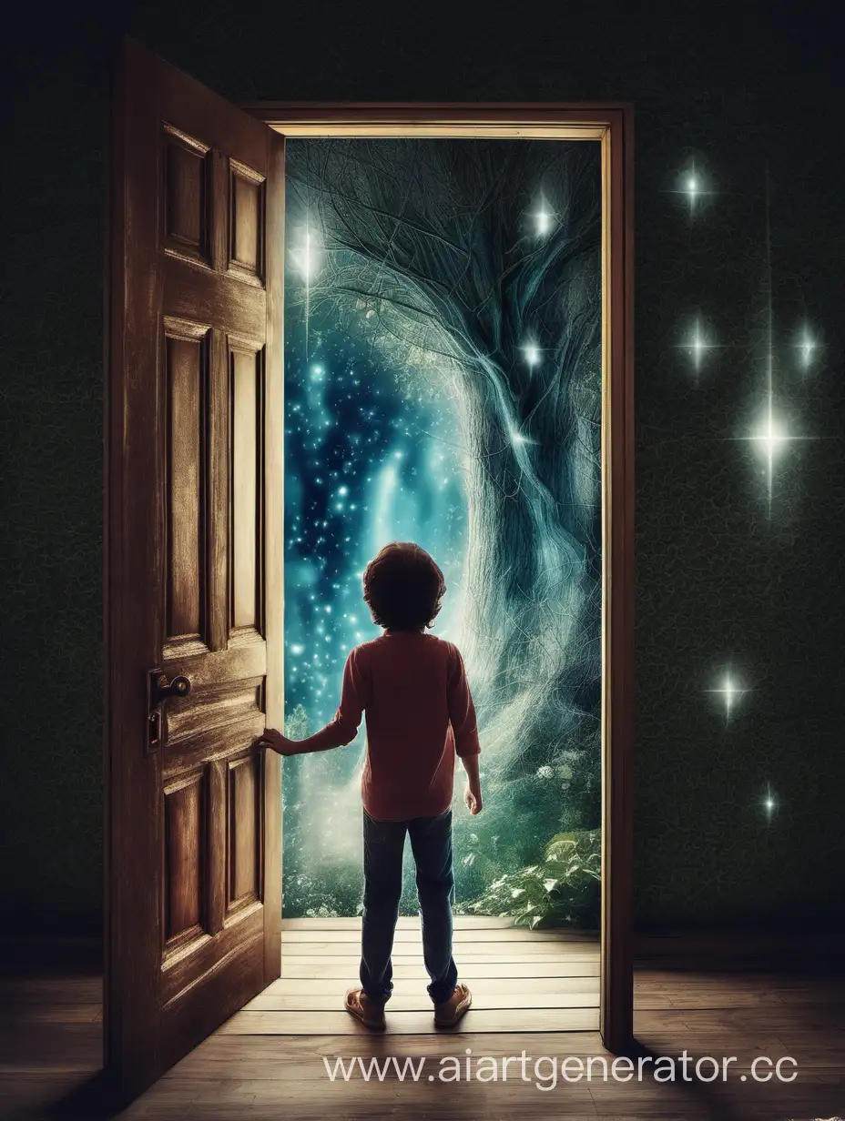 Человек открывает дверь за открытой дверью виден волшебный мир