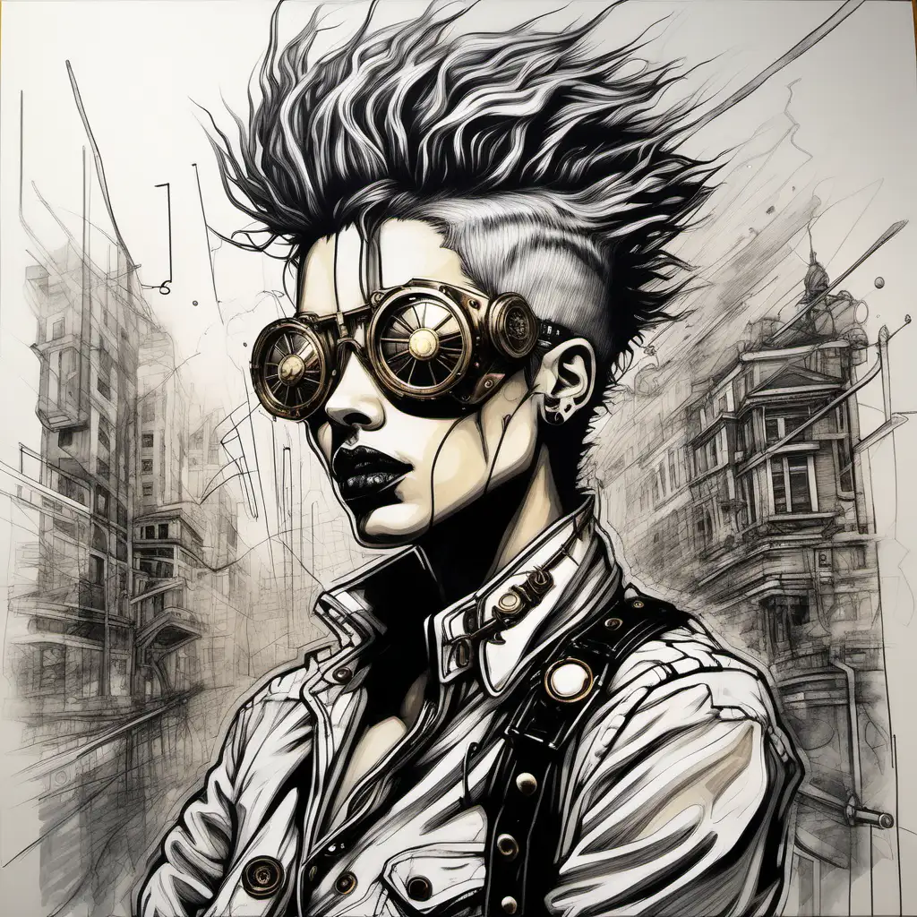Masterful Sketch Acrylic Painting of Steampunk Punk Rock Singer in Dystopian Setting