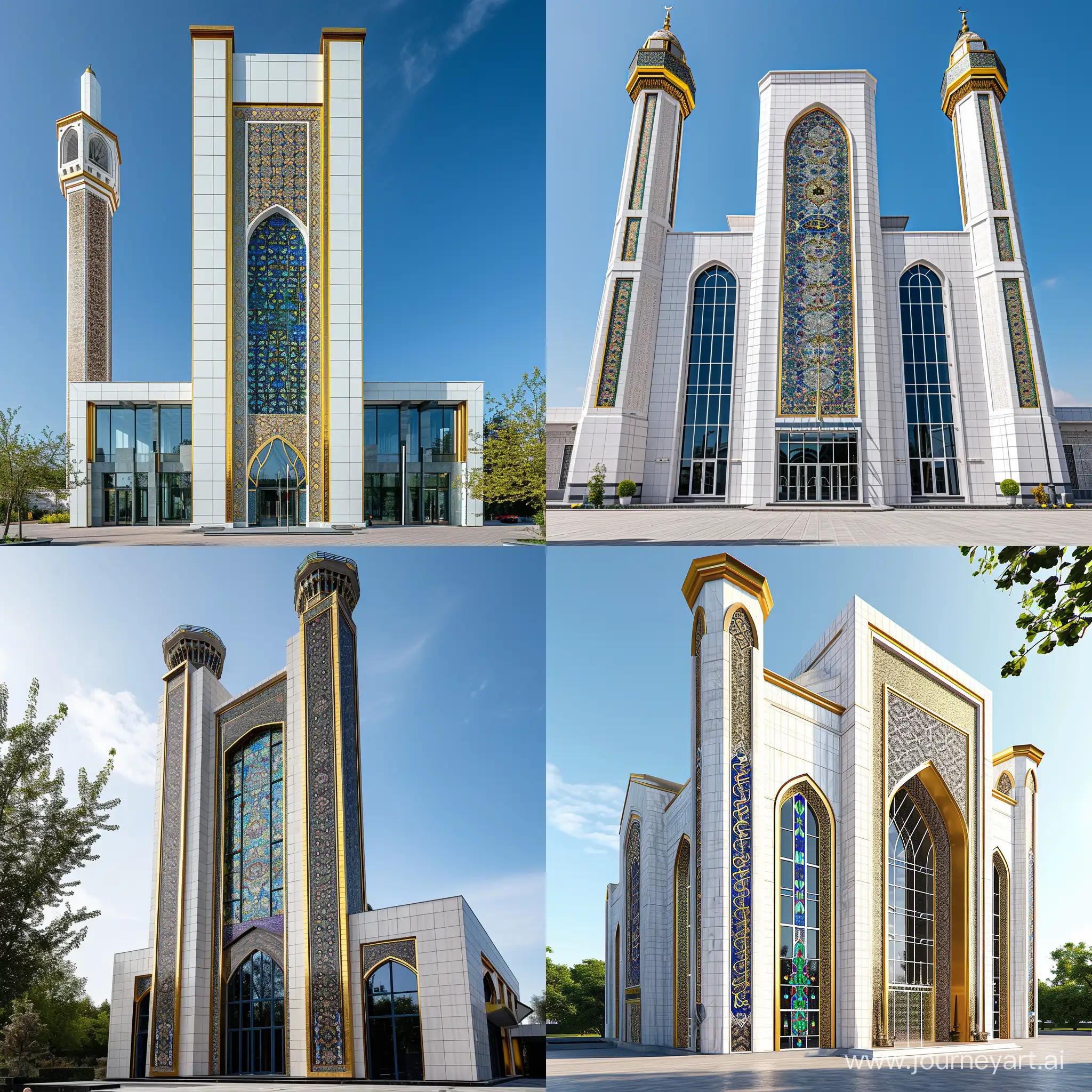 a beautiful tall mosque, persian tiled, golden edges, modern white marbled facade, stained glass windows, front view, full view --v 6