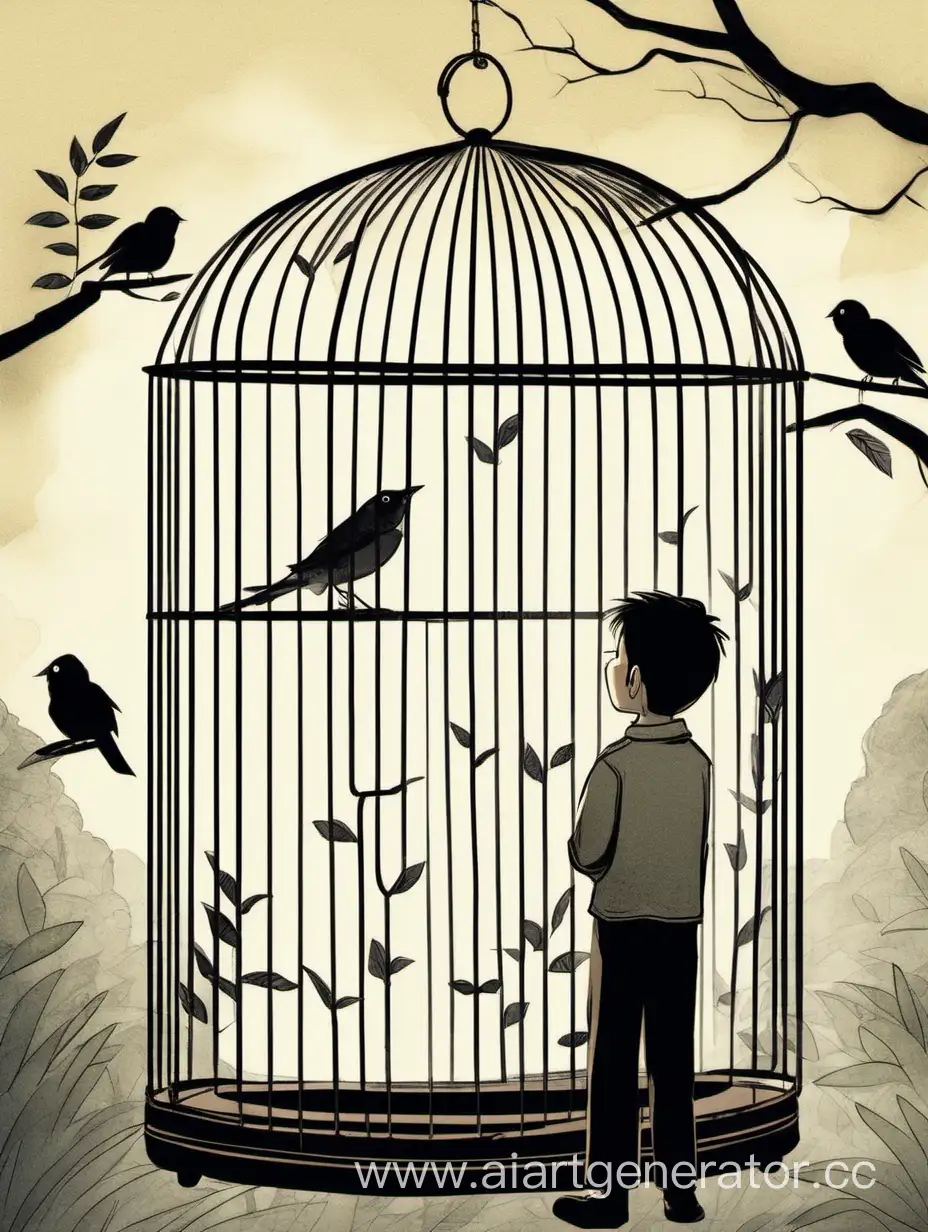 птичка в клетке, мальчик вне клетки смотрит на клетку, обложка для детской книги