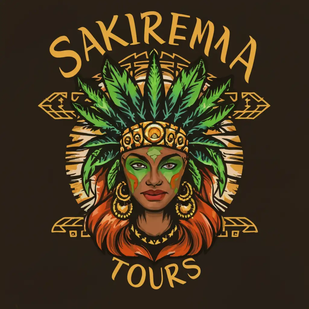 a logo design,with the text "SAKIREMA ADVENTURE TOURS", main symbol:face of sexy brown-skinned latina features jungle goddess, wearing feather headdress, with green eyes and tribal face paint,Moderate,be used in Travel industry,clear background .... make spelling corrections on the  name, do not change the design, but please spell correctly:  SAKIREMA ADVENTURE TOURS