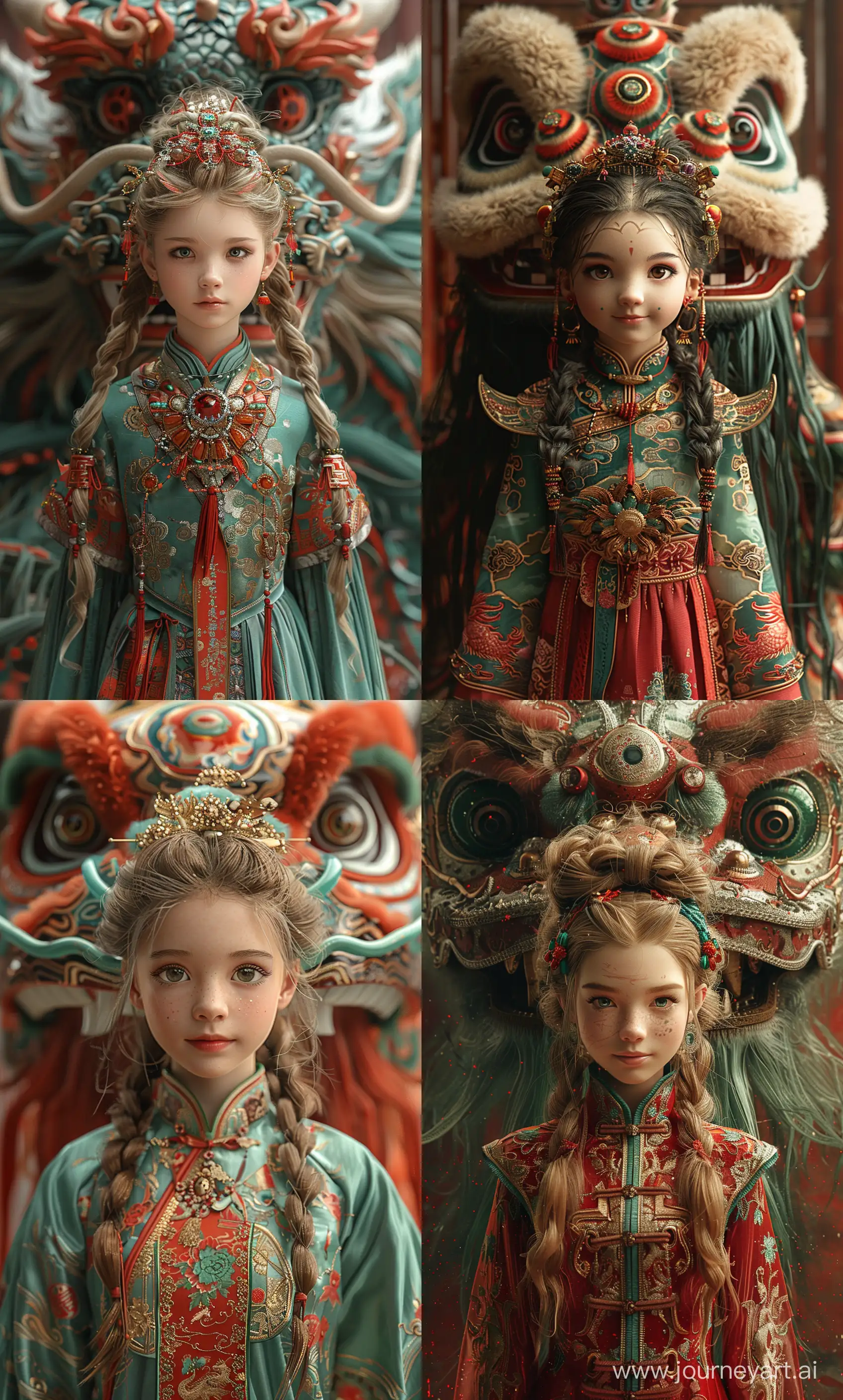 a cute german girl is standing in front of a lunar new year dragon, in the style of digital painting, intricate costumes, victorian-inspired illustrations, daz3d, joyful chaos, light red and green, traditional costumes --ar 73:121 --stylize 750 --v 6