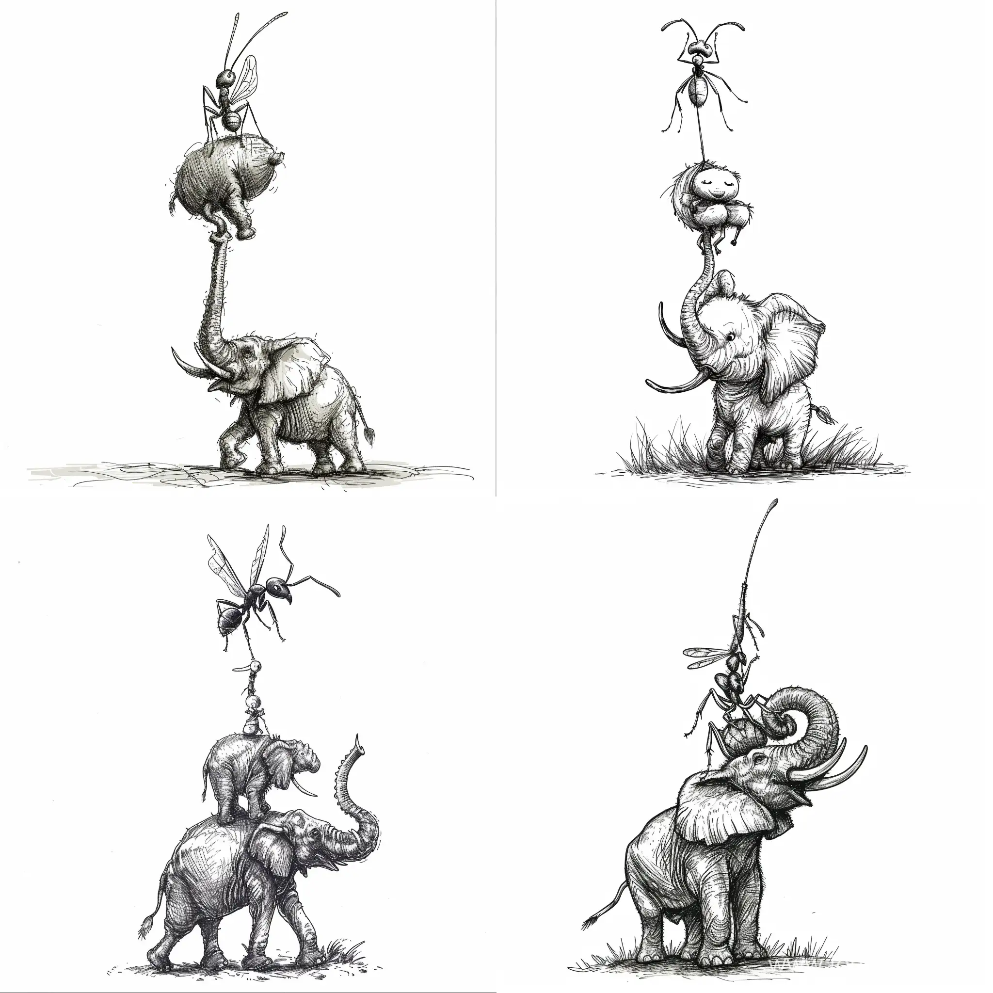 An ant carries an elephant and raises it high. Vector sketch drawing illustrator on white background. 
