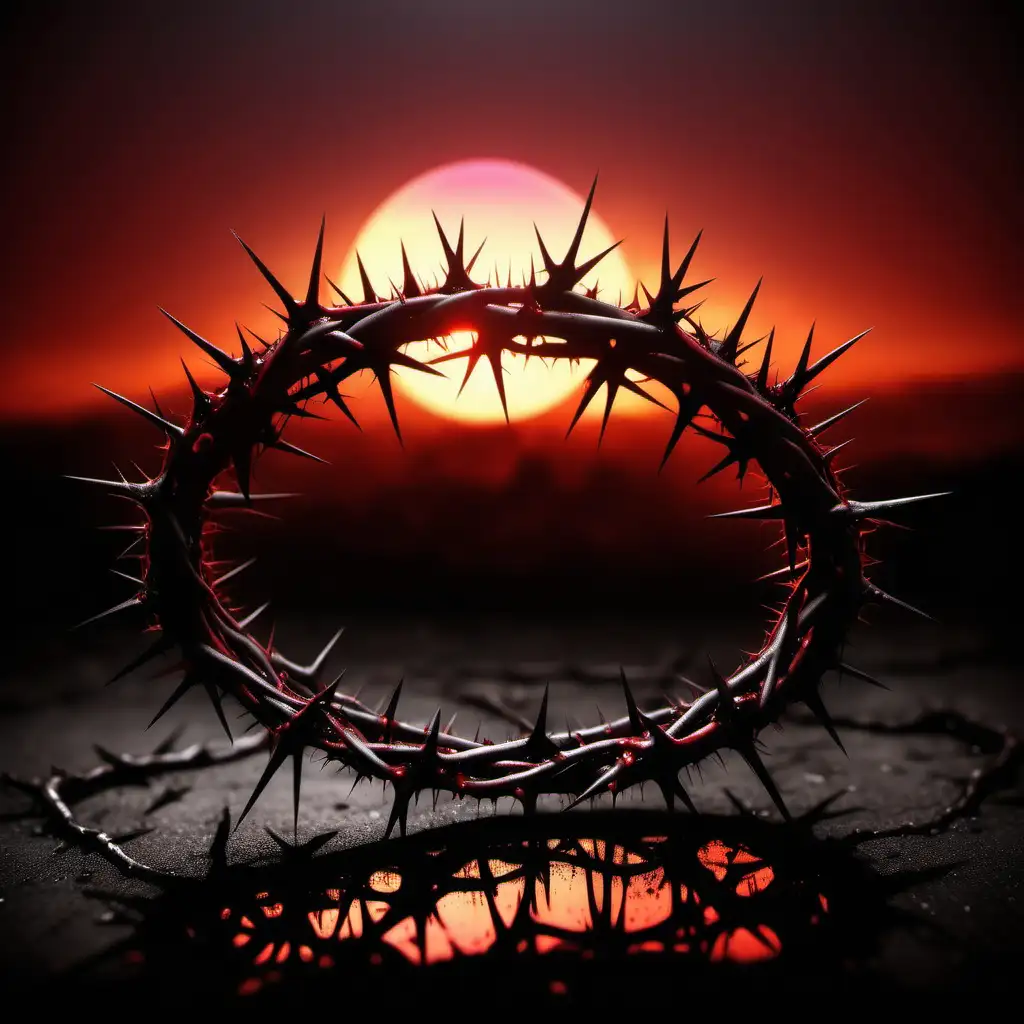 create an image of a crown of thorns at the center of the image, in the background drippings of blood, show a beautiful sunset at night with faint silhouette of the world